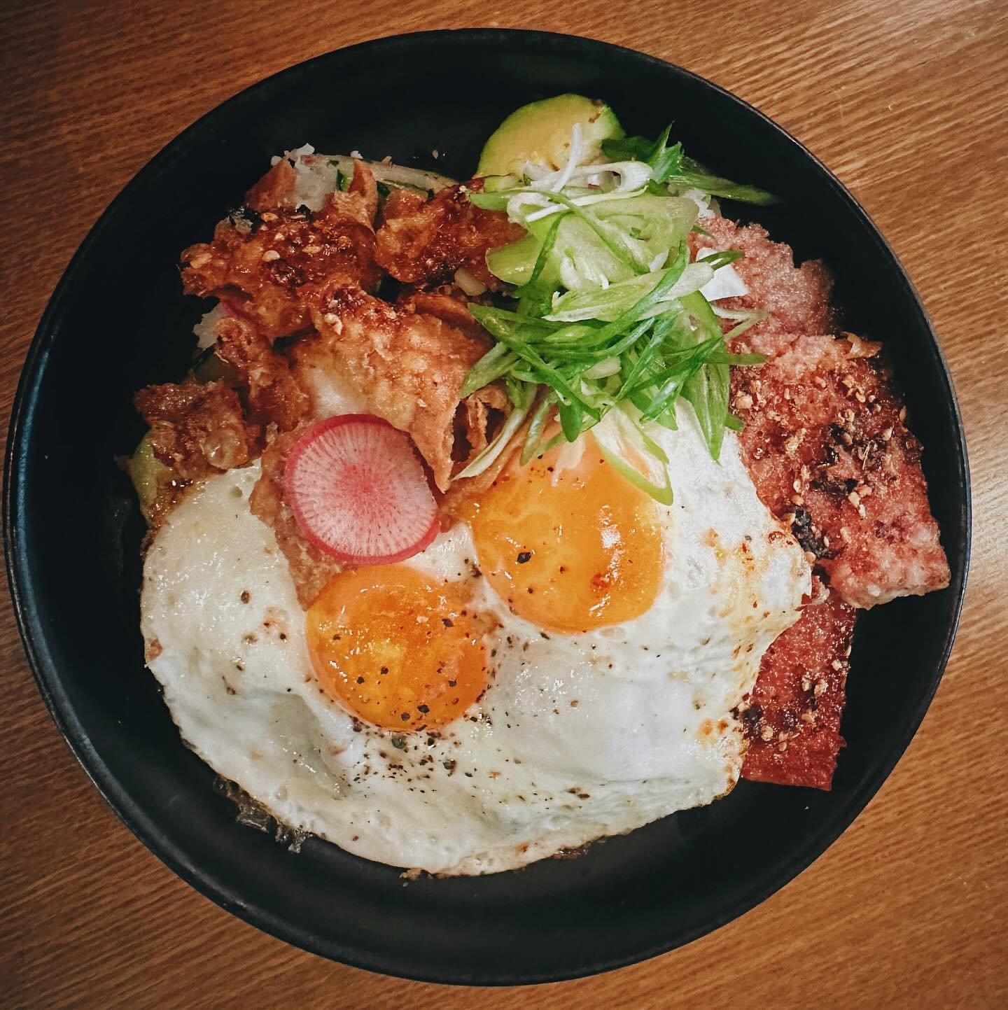 Spam Bowl is back for Mothers Day!

Served with 2 sunny side eggs, zucchini, chili oil, chicken skin, &amp; furikake 🤤

Some of us are no stranger to spam for breakfast (thanks mom!) but if you haven&rsquo;t had a homemade, nitrate free spam this is