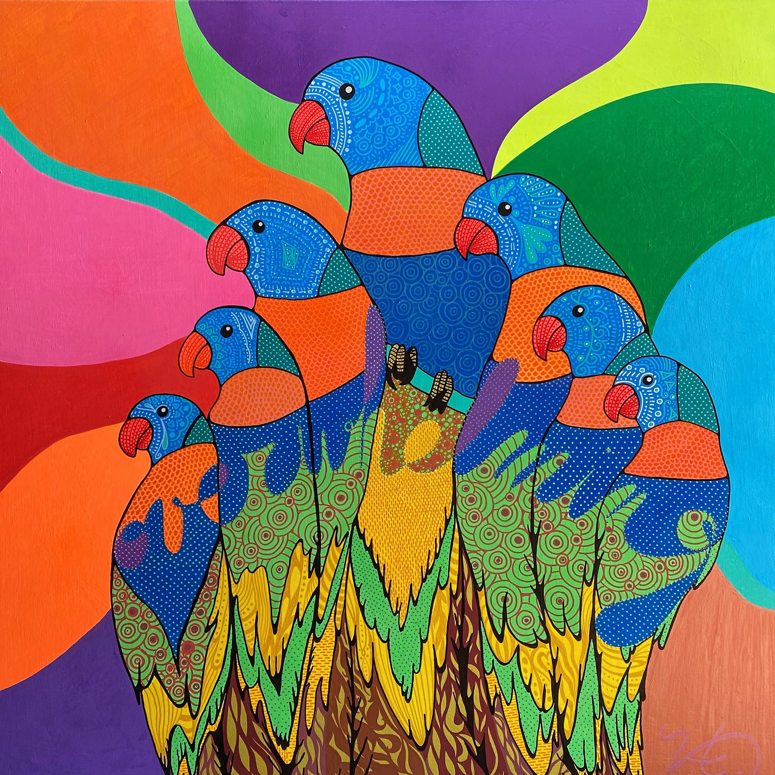 OVERWHELMING - rainbow lorikeets 
48&rdquo;x48&rdquo; acrylic on canvas
.
.
.
.
.
.
.
.
.
.
#australianart #australianartist #birdart #australianbirds #visualartist #localartist #byronbayartist #acrylicpainting