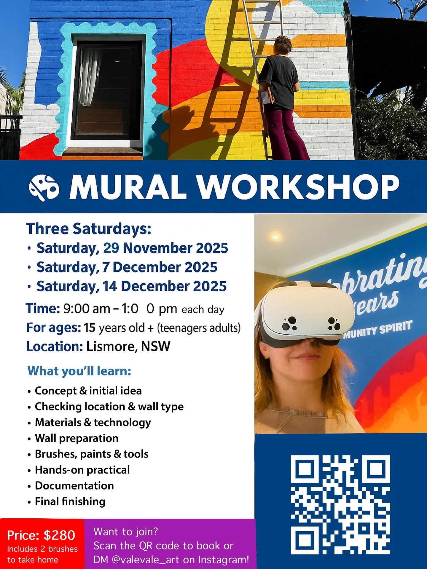 🎨 3-Day Mural Workshop — From Concept to Creation
Lismore, NSW
Saturdays: 29 Nov, 7 Dec & 14 Dec 2025
🕘 9am – 1pm | Ages 15+
I’m so excited to share this immersive experience where we’ll dive into every step of mural