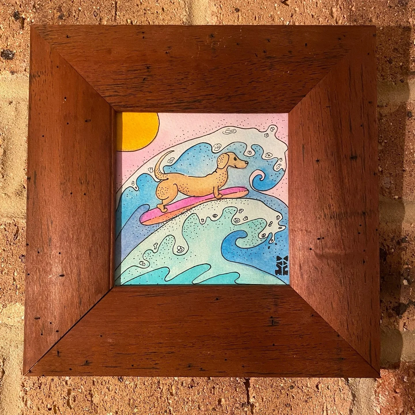 When life gives you waves… surf them like a sausage dog 🌭🏄‍♀️ 
Most of you nailed the poll – you know my creative brain too well 😂 
#SurfingDoggo #ByronBayLife #WatercolorVibes