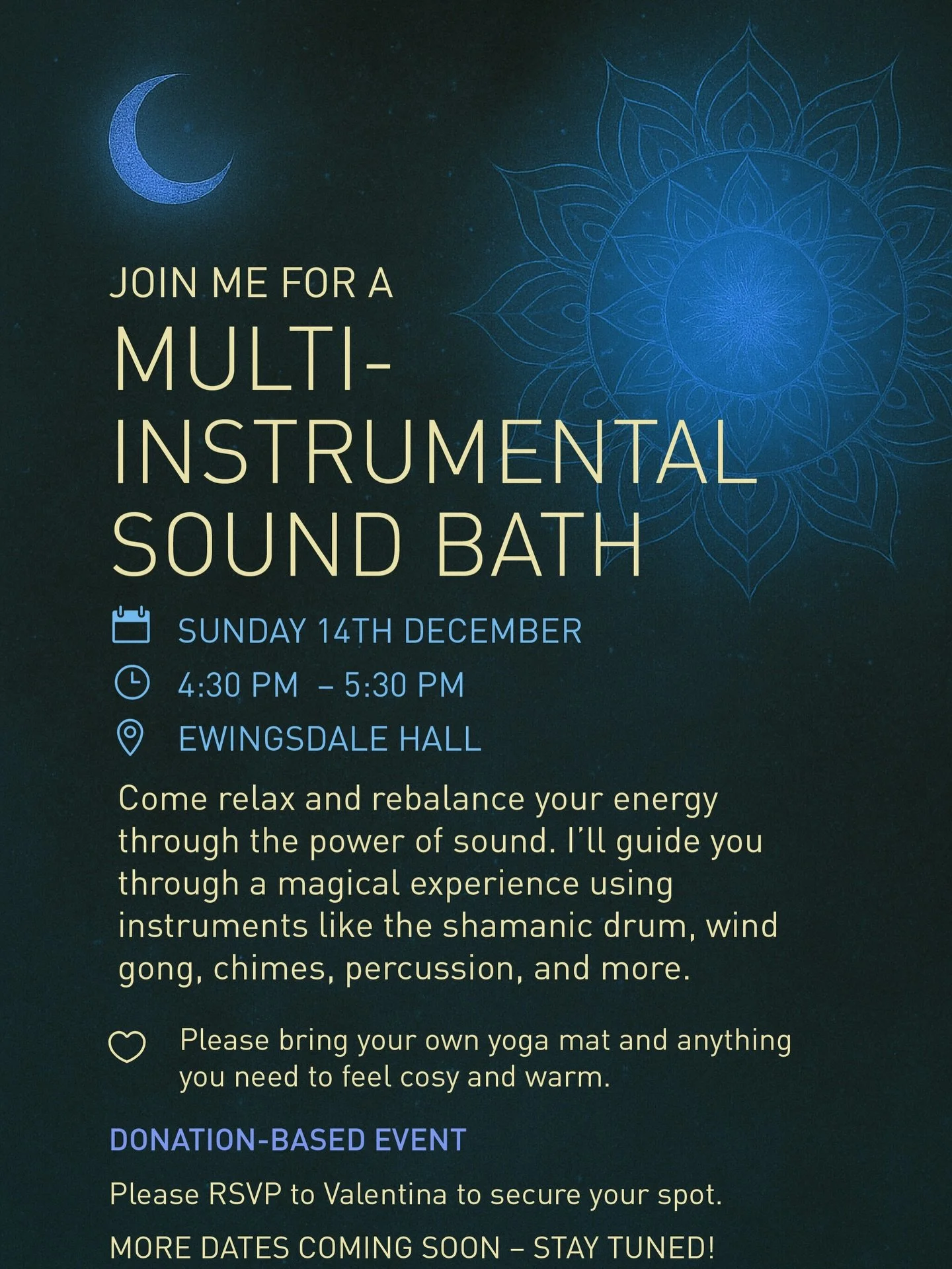 Join me this week for two nourishing multi-instrumental sound baths at Ewingsdale Hall &mdash; both donation based and open to everyone. 🌙✨

📅 Sunday 14 December
4:30 PM &ndash; 5:30 PM

A soothing session to unwind, rebalance and reconnect through