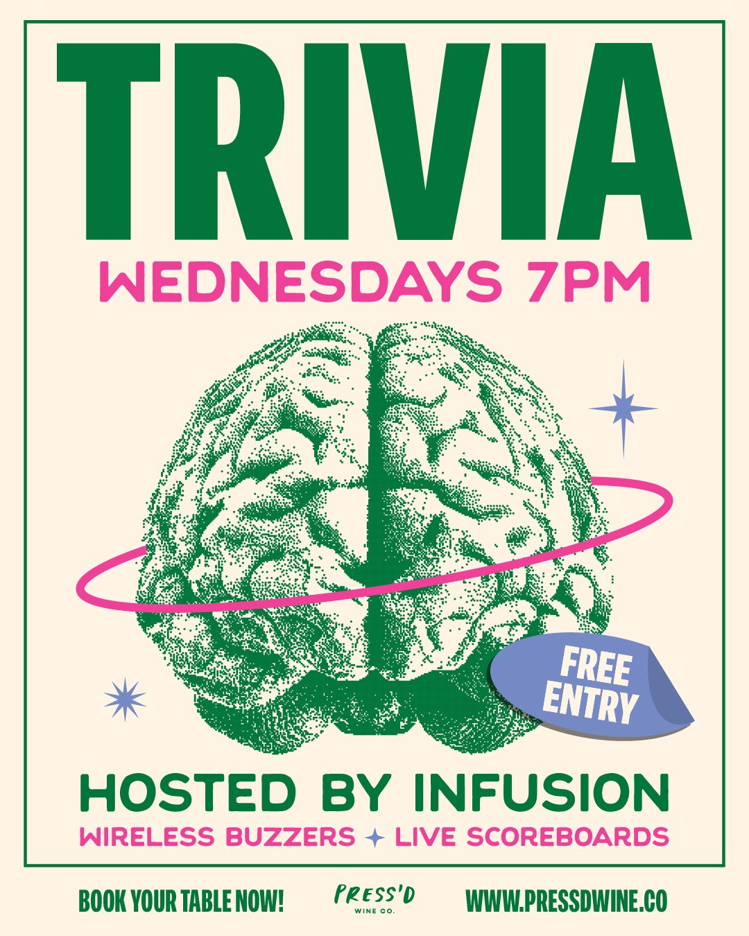 🚨 Calling all wine-loving trivia buffs! 🚨 It's TRIVIA DAY at Press'd!

Gather your crew and get ready for the ultimate battle of the brains. 🧠⚡️ We've got wireless buzzers, a live scoreboard, and of course, a tempting selection of wines and charcu
