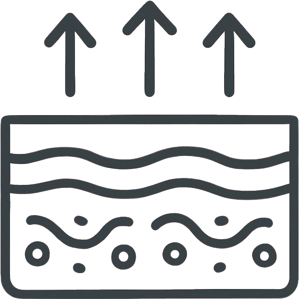 Diagram showing heat transfer process through layers of material with arrows indicating heat flow upward.