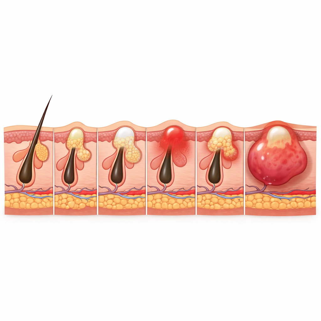 Sequence showing progression of acne development, from a clogged pore to cystic acne.