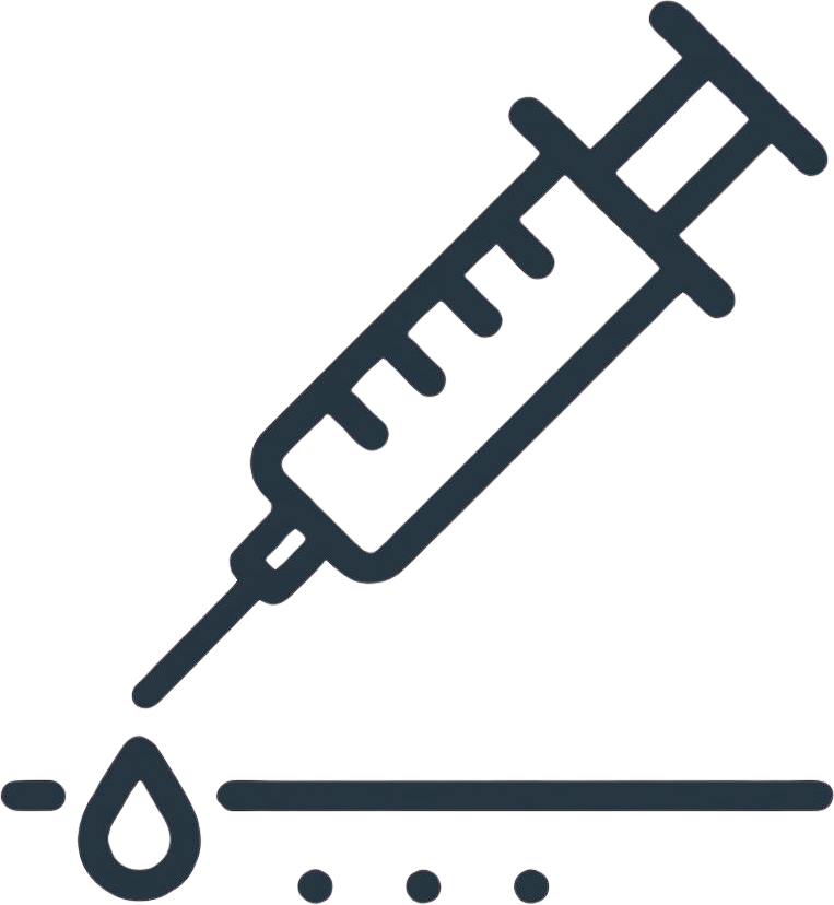 An illustration of a syringe with a droplet coming out, positioned above a surface with three small drops of liquid.
