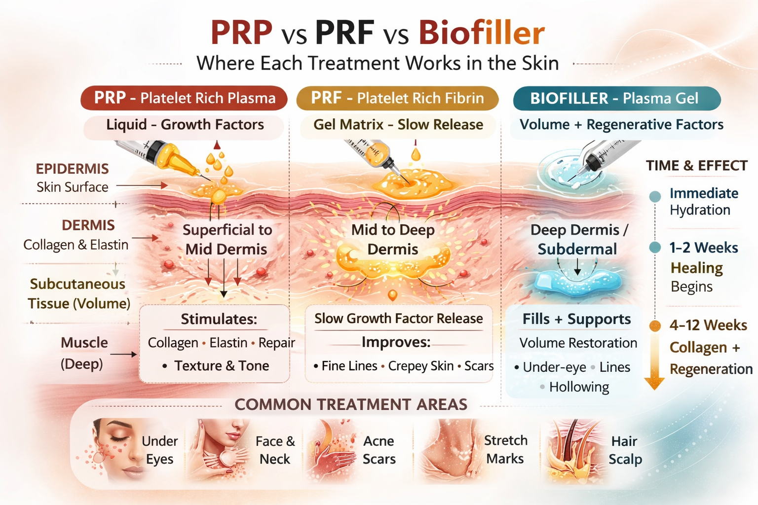 A health infographic comparing PRP, PRF, and Biofiller treatments for skin, showing injection points from epidermis to subdermal layers, effects, and timeline for hydration, healing, and regeneration.
