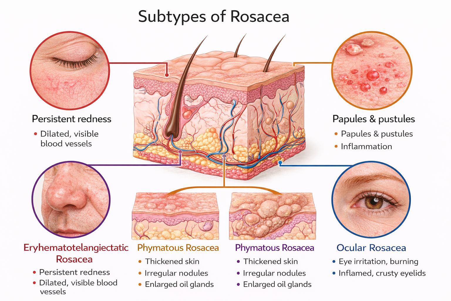 Diagram showing subtypes of rosacea, including erythamatotelangiectatic rosacea with persistent redness and visible blood vessels, phymatous rosacea with thickened skin and nodules, and ocular rosacea with eye irritation and crusty eyelids.