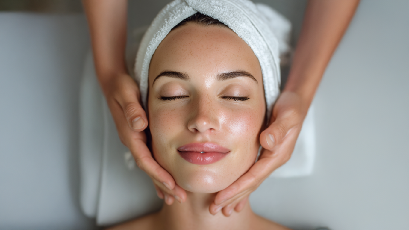 A woman receives a facial massage while lying down with a towel wrapped around her head, looking relaxed and content.