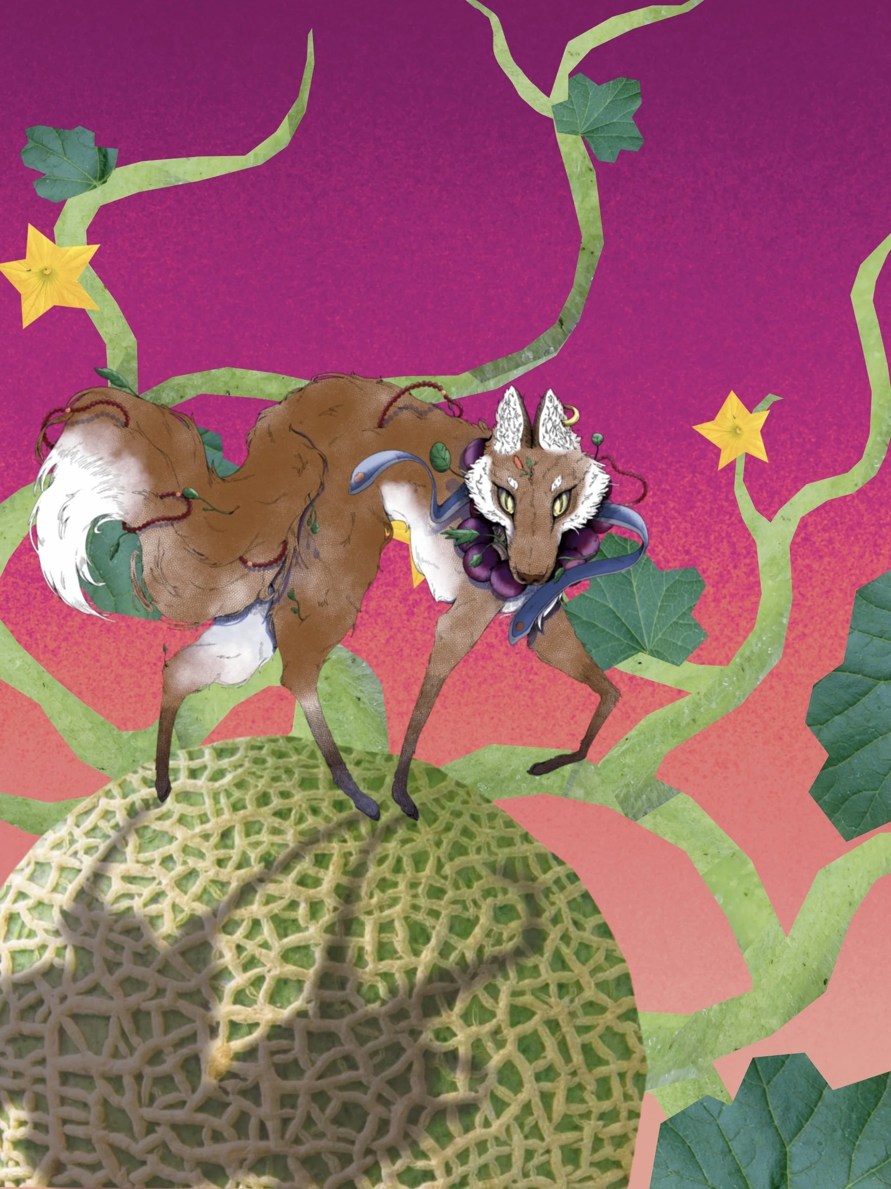 In the strangeness of the nighttime a fox crawls along the earth towards a melon -Basho