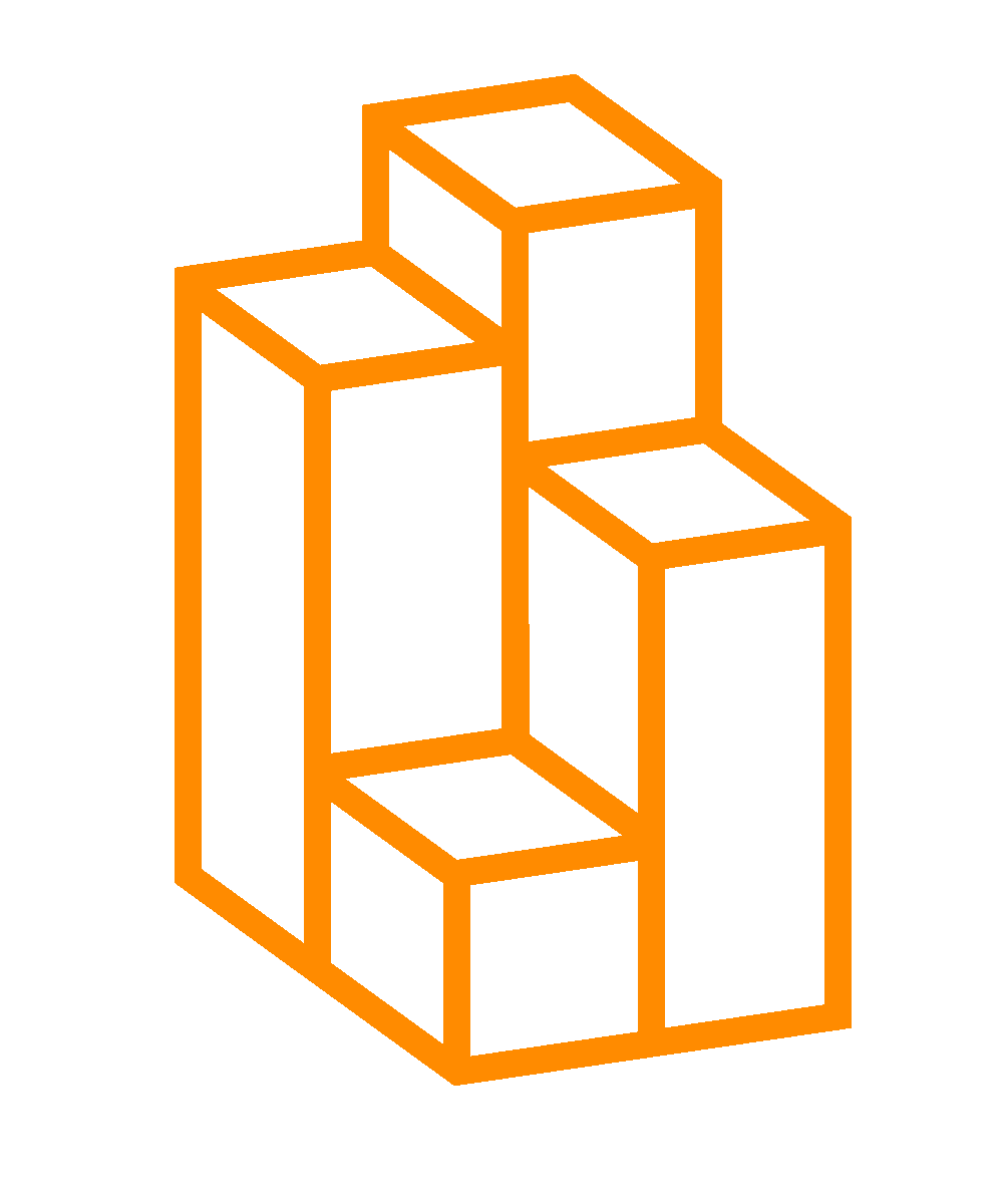 Orange outlined 3D geometric shape composed of interconnected rectangular blocks, resembling a Tetris-style puzzle.