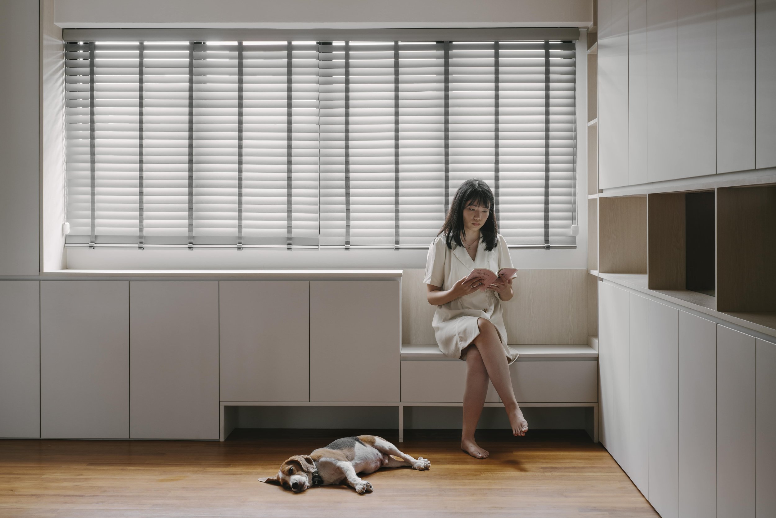 Modern Singapore home with built-in study bench, custom cabinetry, and a dog resting on wooden flooring.