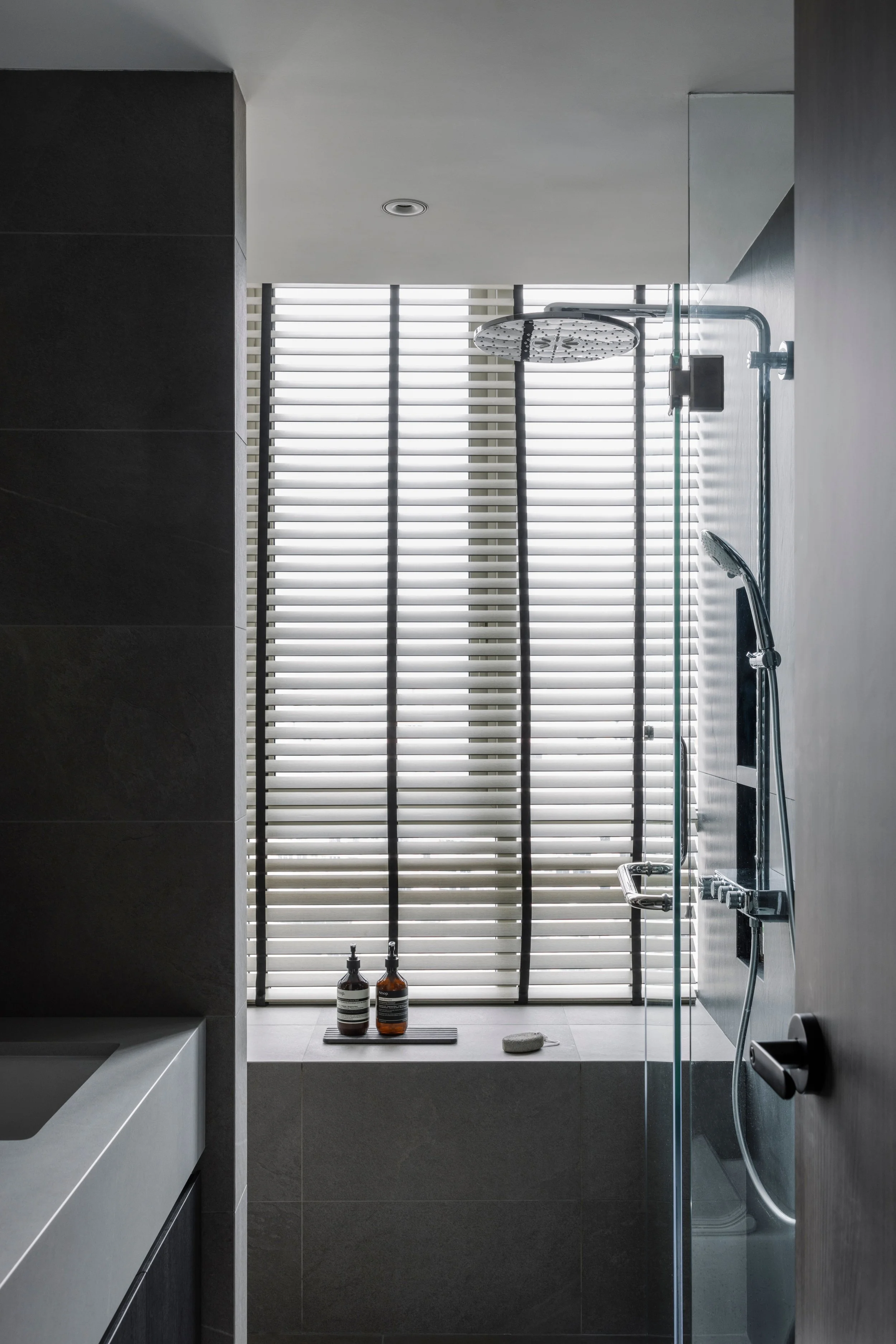 Modern bathroom shower area with glass enclosure, rain shower, handheld shower and window blinds filtering natural light.