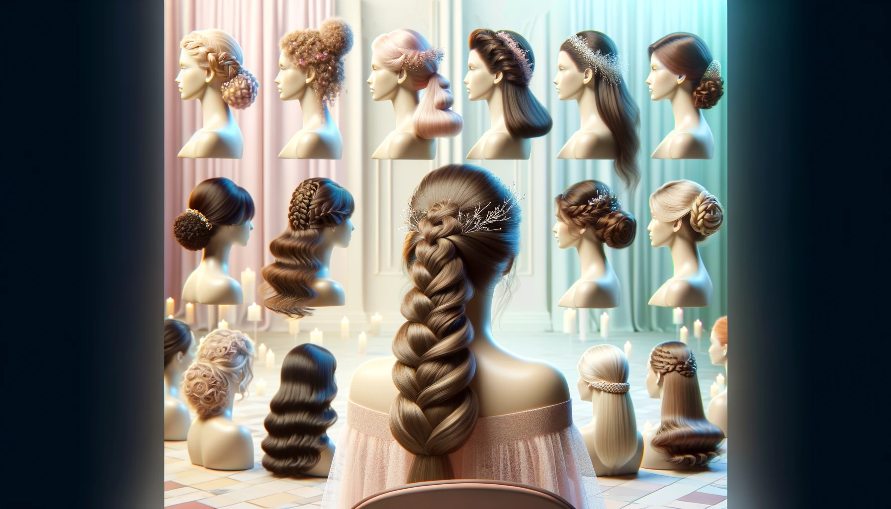 DALL·E 2024-06-01 10.20.31 - A realistic scene focusing on various festive hairstyles for special occasions. The background is in pastel colors, creating a calm and inviting atmos.png
