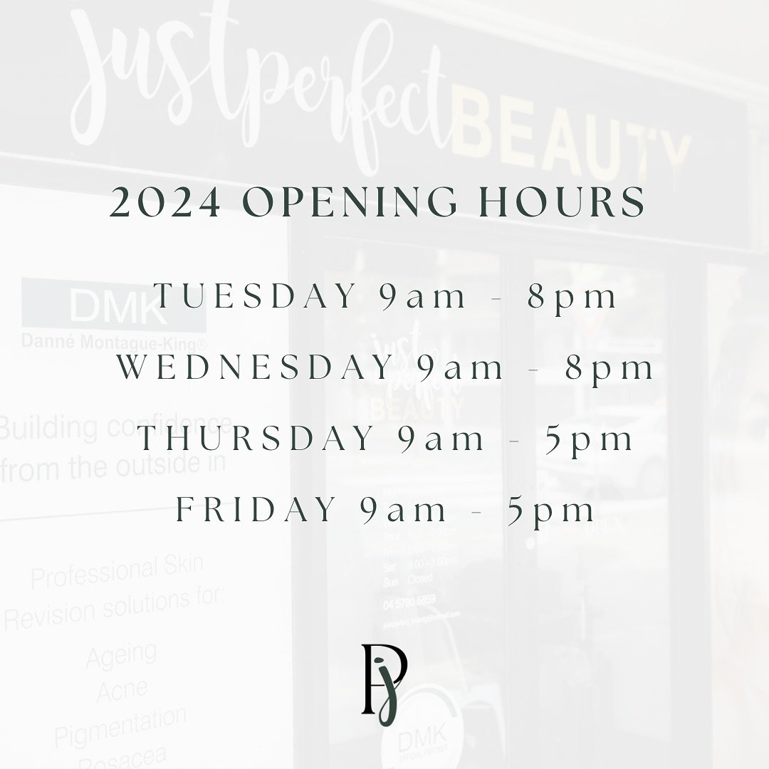 2024 Opening Hours 

From Tuesday 19th March 2024 our opening hours are changing. Please see our new operating hours. If any clients have any questions or if these hours do not suit, please reach out as we are happy to accommodate 

❤️ Just Perfect B