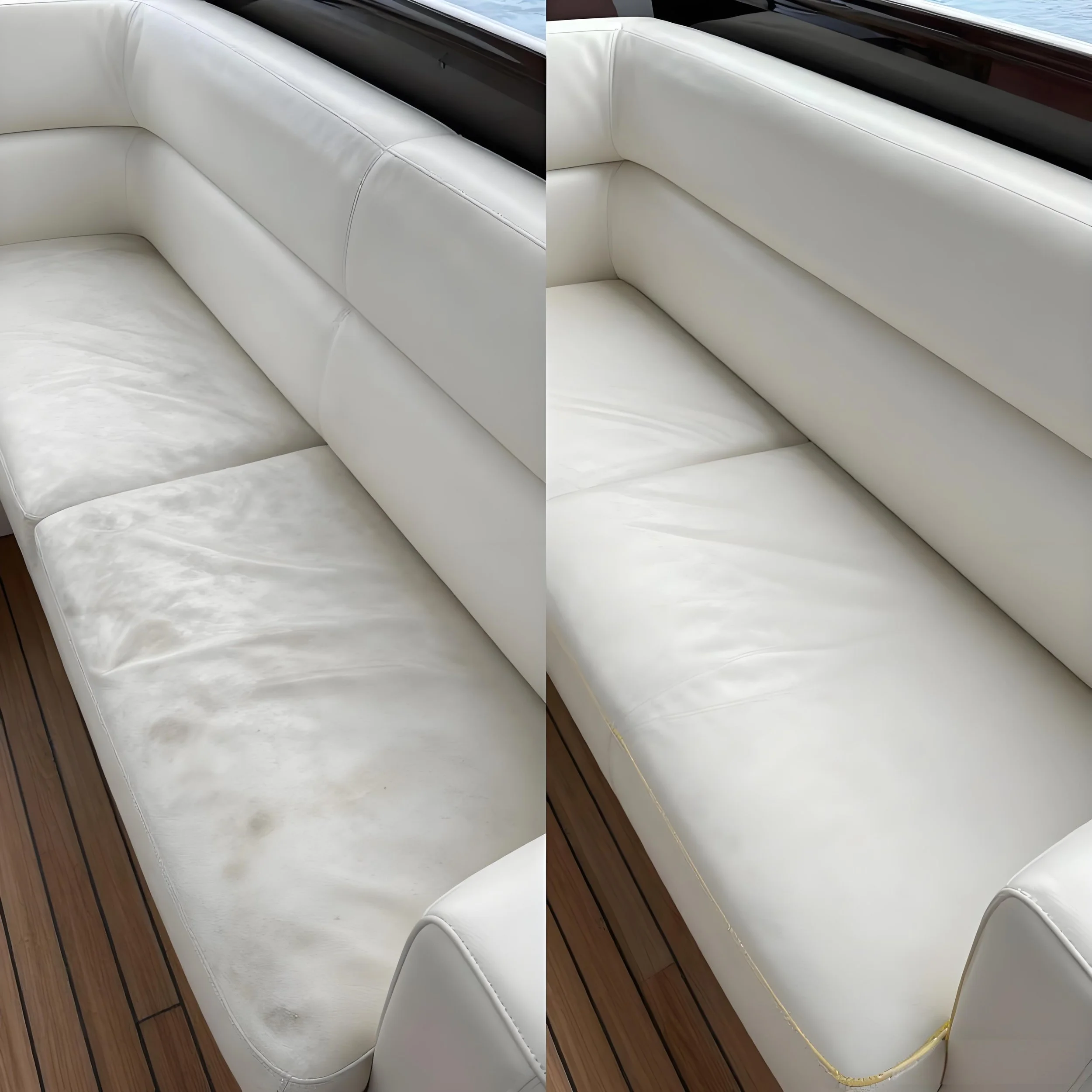Comparison of a white leather couch before and after cleaning, showing stained and stained-free surfaces.