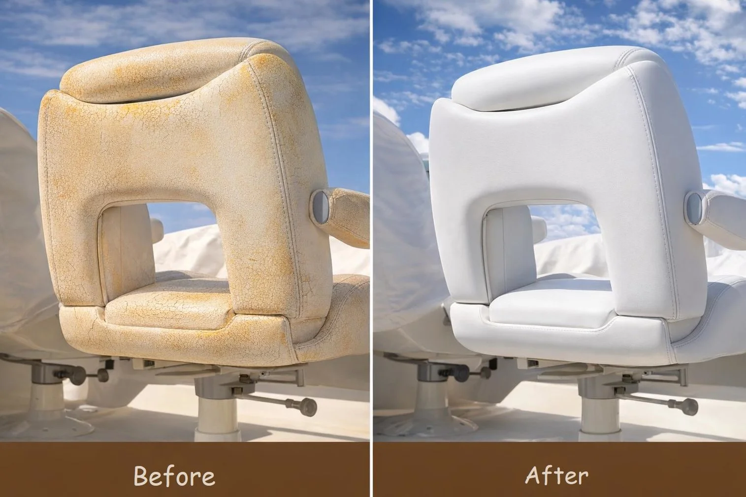 Before and after marine yacht leather restoration of a helm seat, showing cracked and yellowed leather restored to a clean white finish under different lighting conditions.