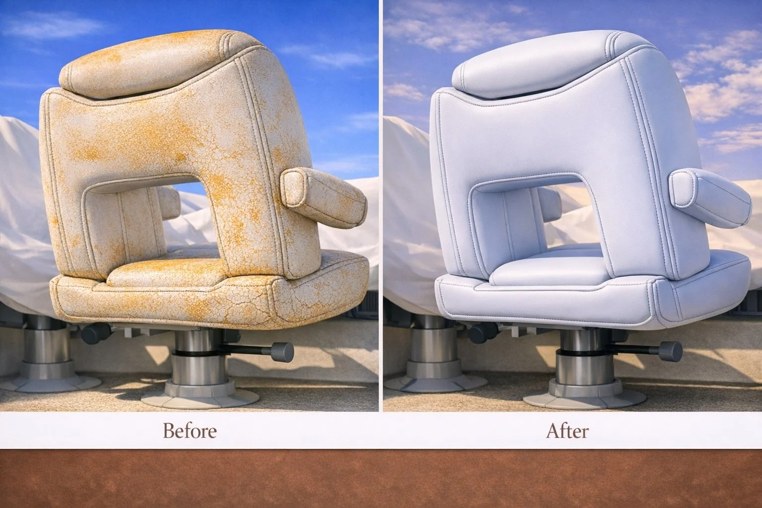 Marine & yacht leather helm seat restoration before and after, showing UV-damaged, cracked marine leather before repair and a professionally restored white helm seat after on-site leather restoration.