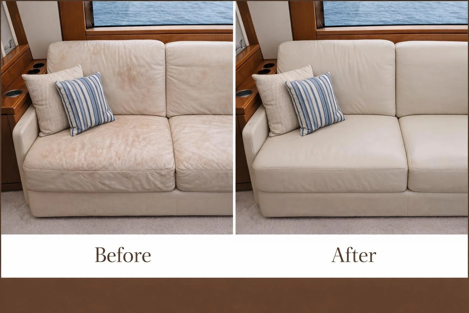 Yacht cabin sofa leather restoration before and after, featuring professional marine leather repair and recolouring to restore colour, finish and comfort.