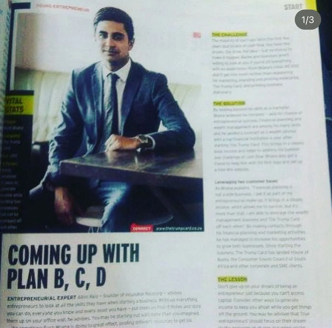 Magazine article featuring a well-dressed man in a suit seated at a table, with text on entrepreneurship titled "Coming Up with Plan B, C, D."