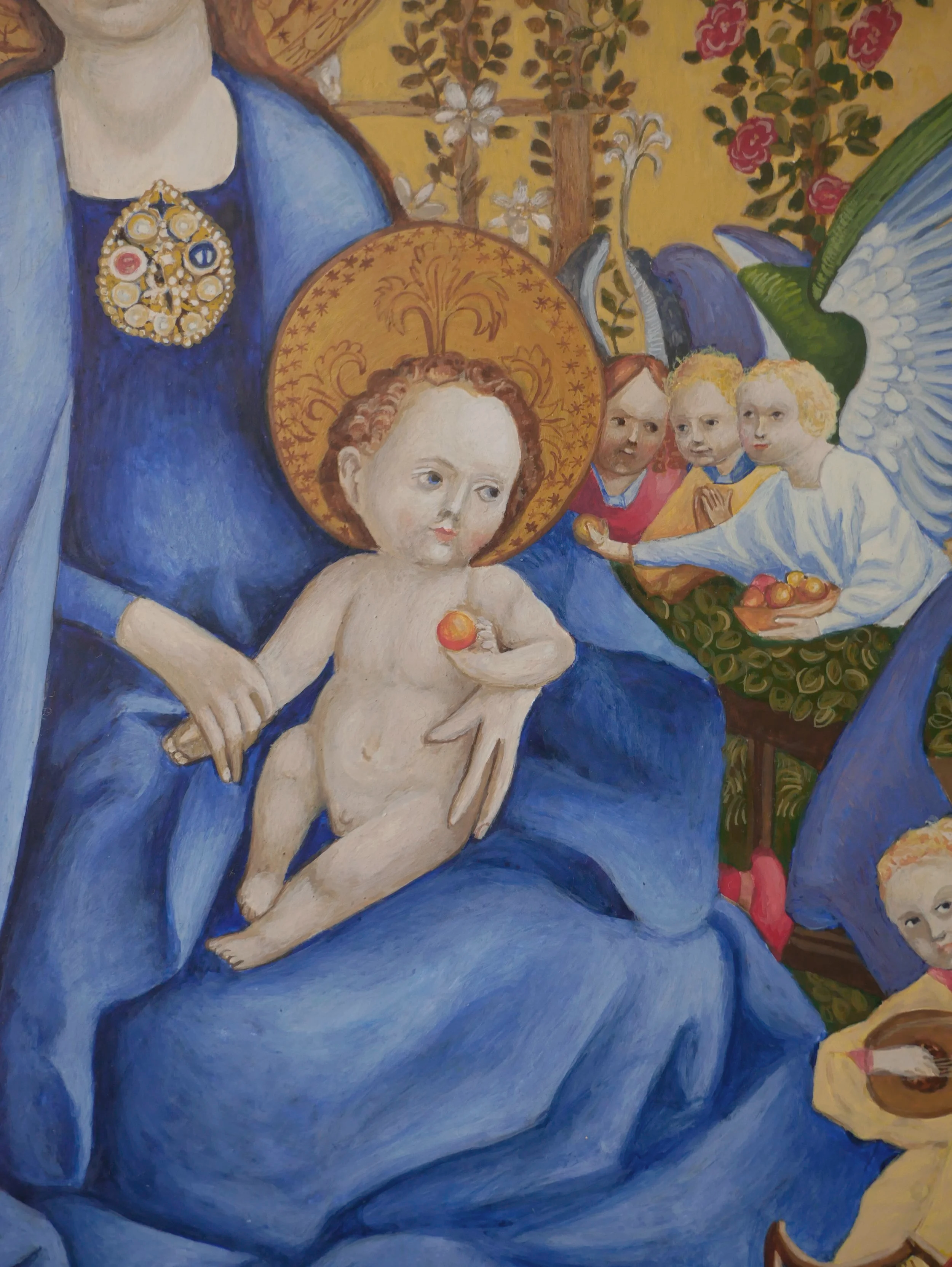 Madonna in the Rose Bower, a copy of a fragment of a painting by Stefan Lochner, egg tempera on wood panel, 40 × 28 cm (15.7 × 11.0 in)