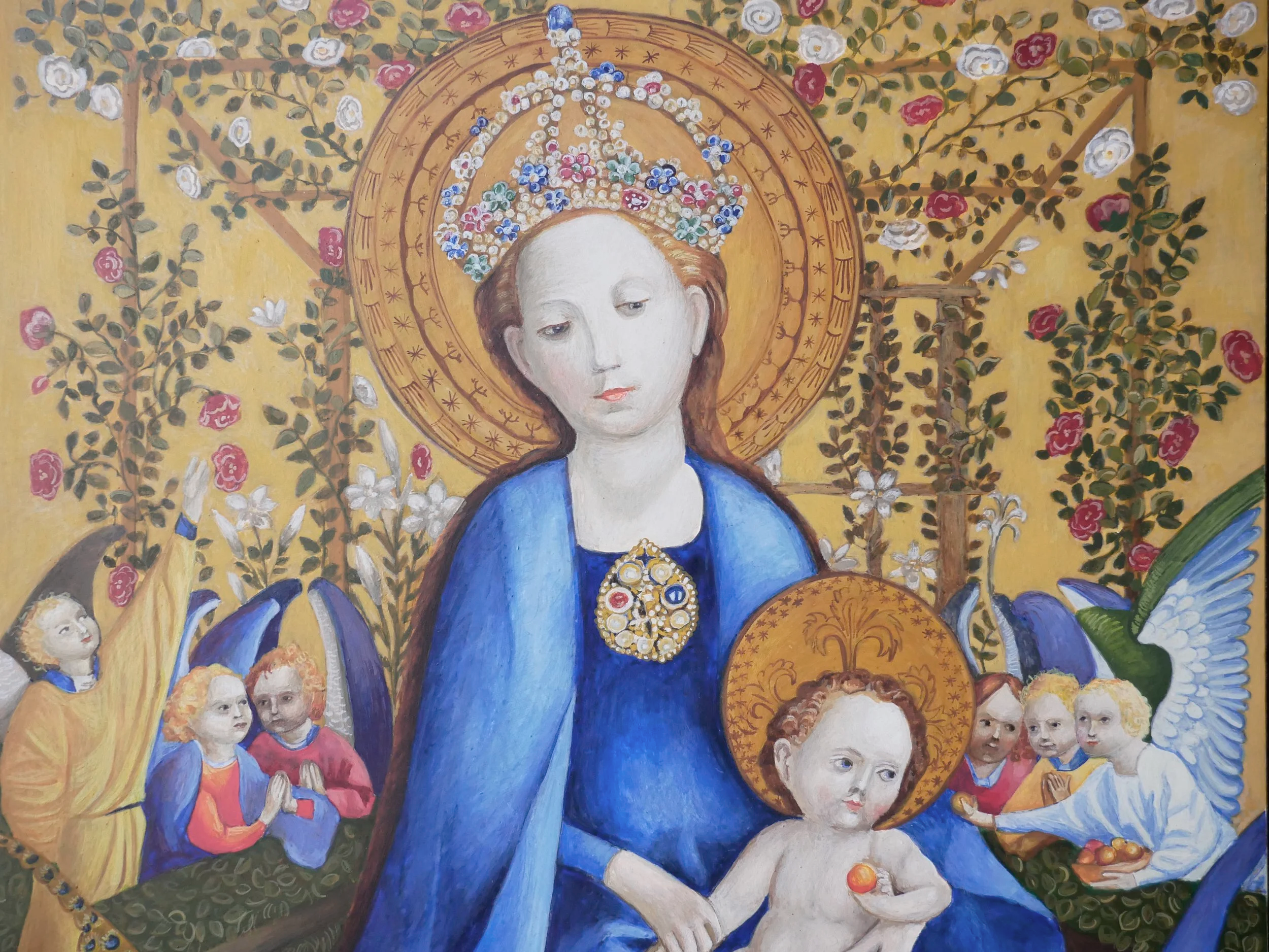 Madonna in the Rose Bower, a copy of a fragment of a painting by Stefan Lochner, egg tempera on wood panel, 40 × 28 cm (15.7 × 11.0 in)