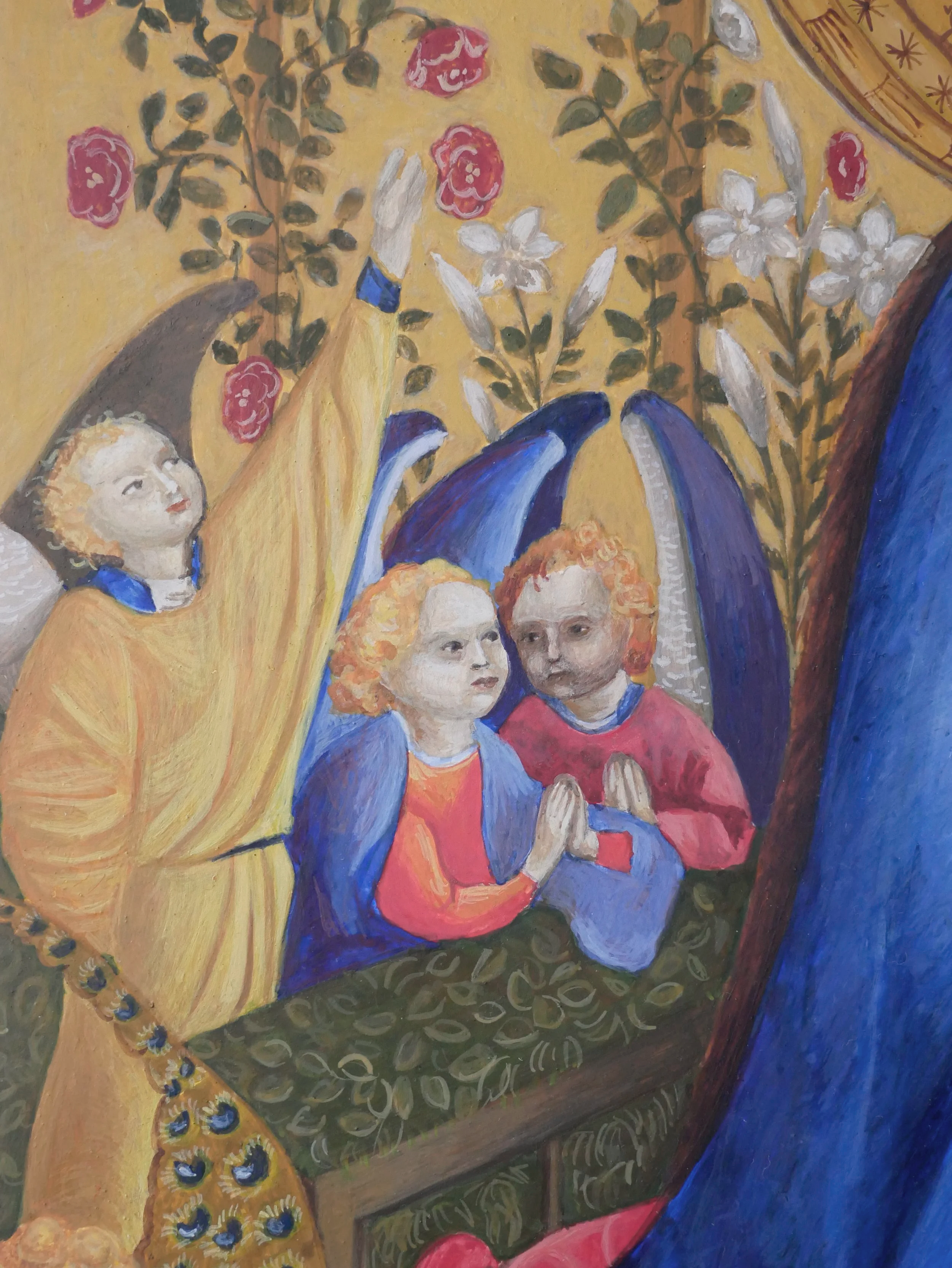 Madonna in the Rose Bower, a copy of a fragment of a painting by Stefan Lochner, egg tempera on wood panel, 40 × 28 cm (15.7 × 11.0 in)