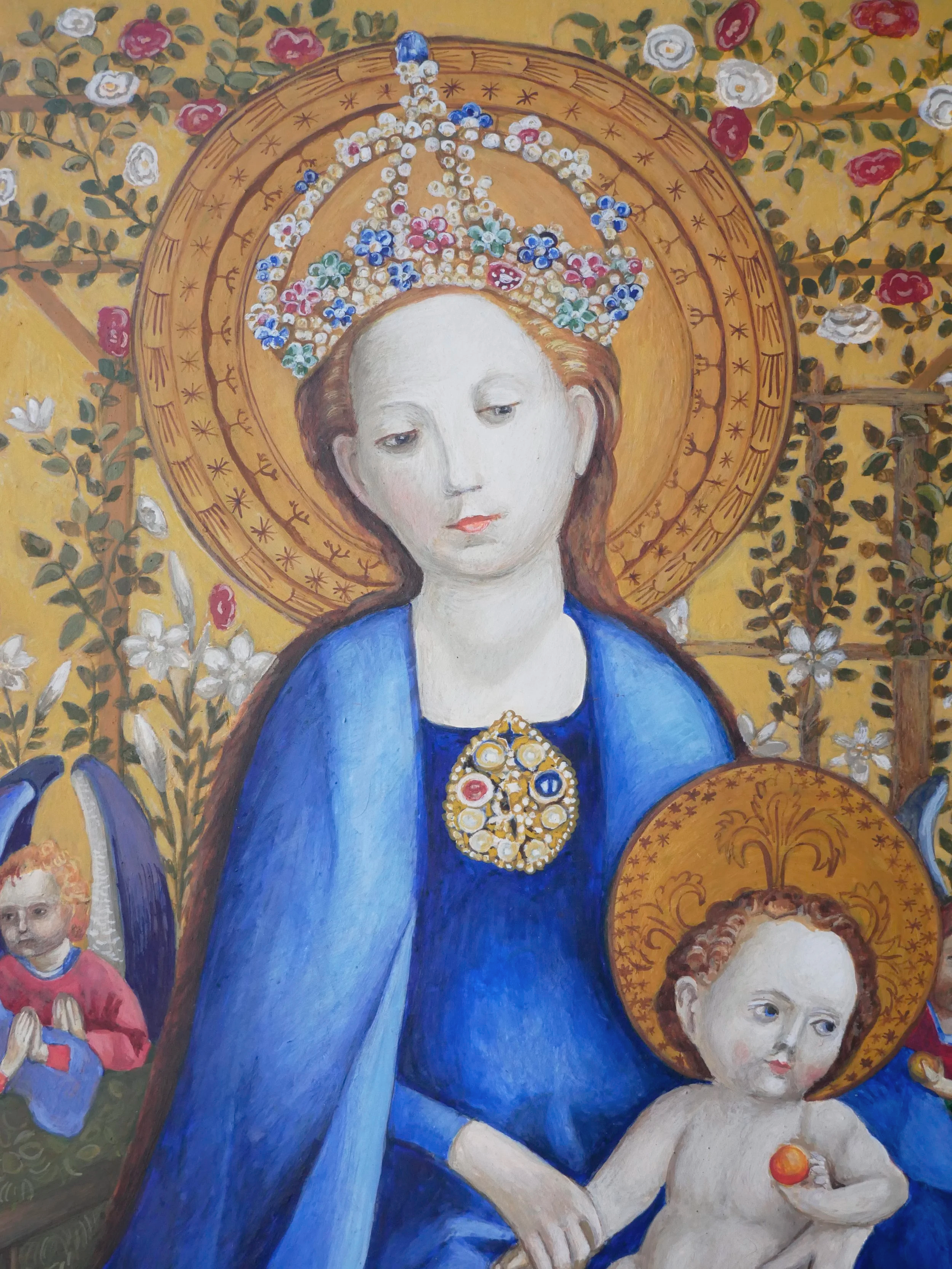 Madonna in the Rose Bower, a copy of a fragment of a painting by Stefan Lochner, egg tempera on wood panel, 40 × 28 cm (15.7 × 11.0 in)