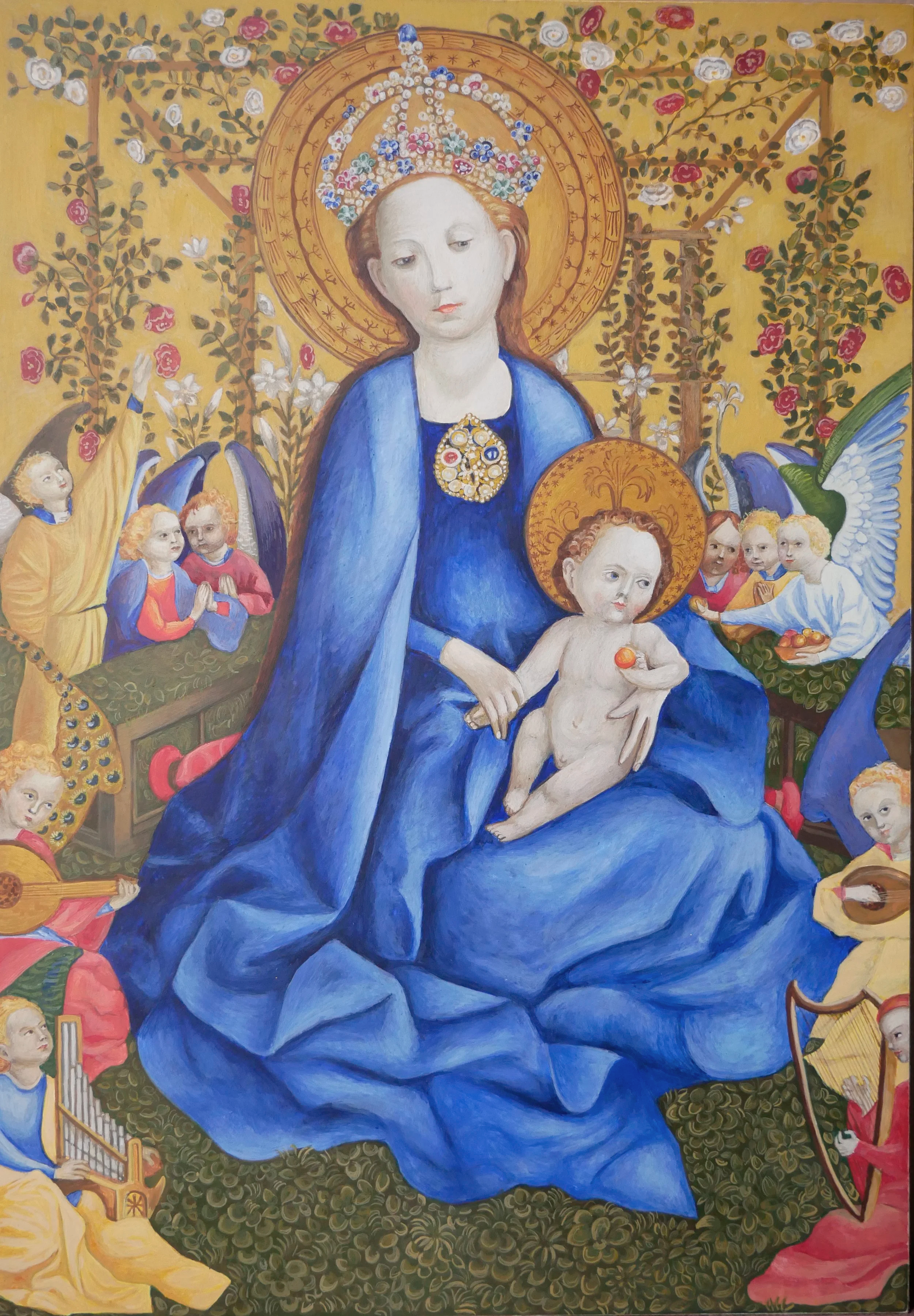 Madonna in the Rose Bower, a copy of a fragment of a painting by Stefan Lochner, egg tempera on wood panel, 40 × 28 cm (15.7 × 11.0 in)