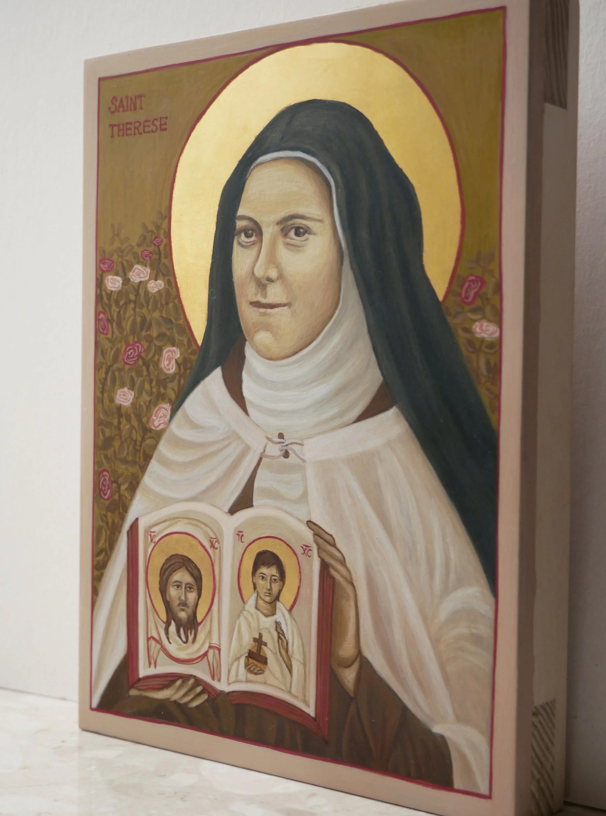 St. Thérèse of the Child Jesus and the Holy Face, egg tempera on wood panel, 20 × 15 cm (7.9 × 5.9 in)