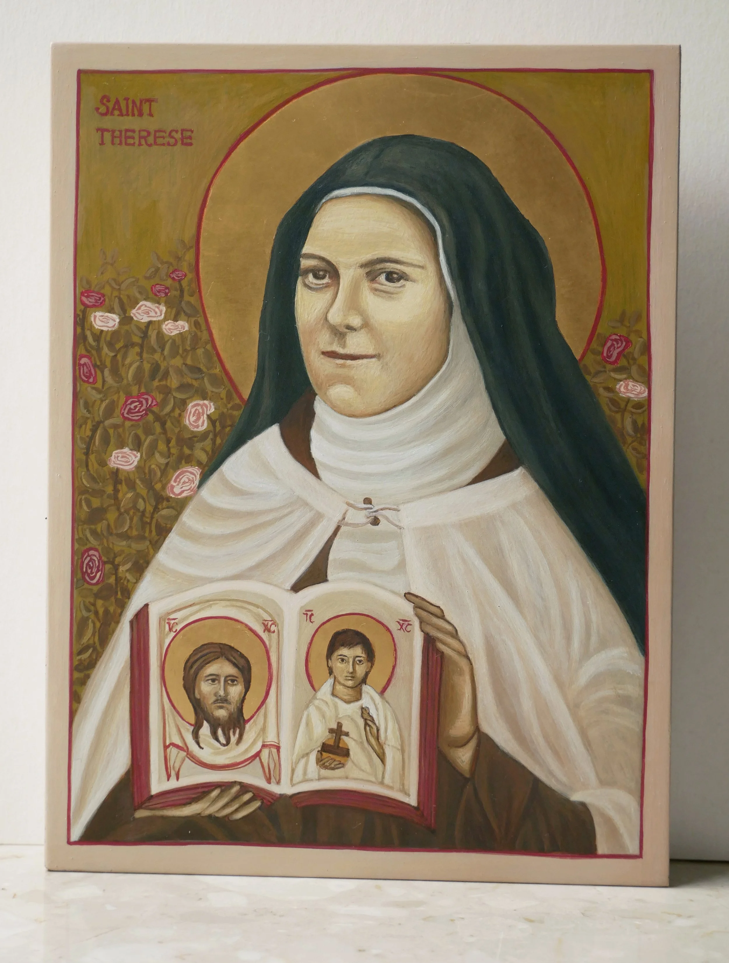 St. Thérèse of the Child Jesus and the Holy Face, egg tempera on wood panel, 20 × 15 cm (7.9 × 5.9 in)