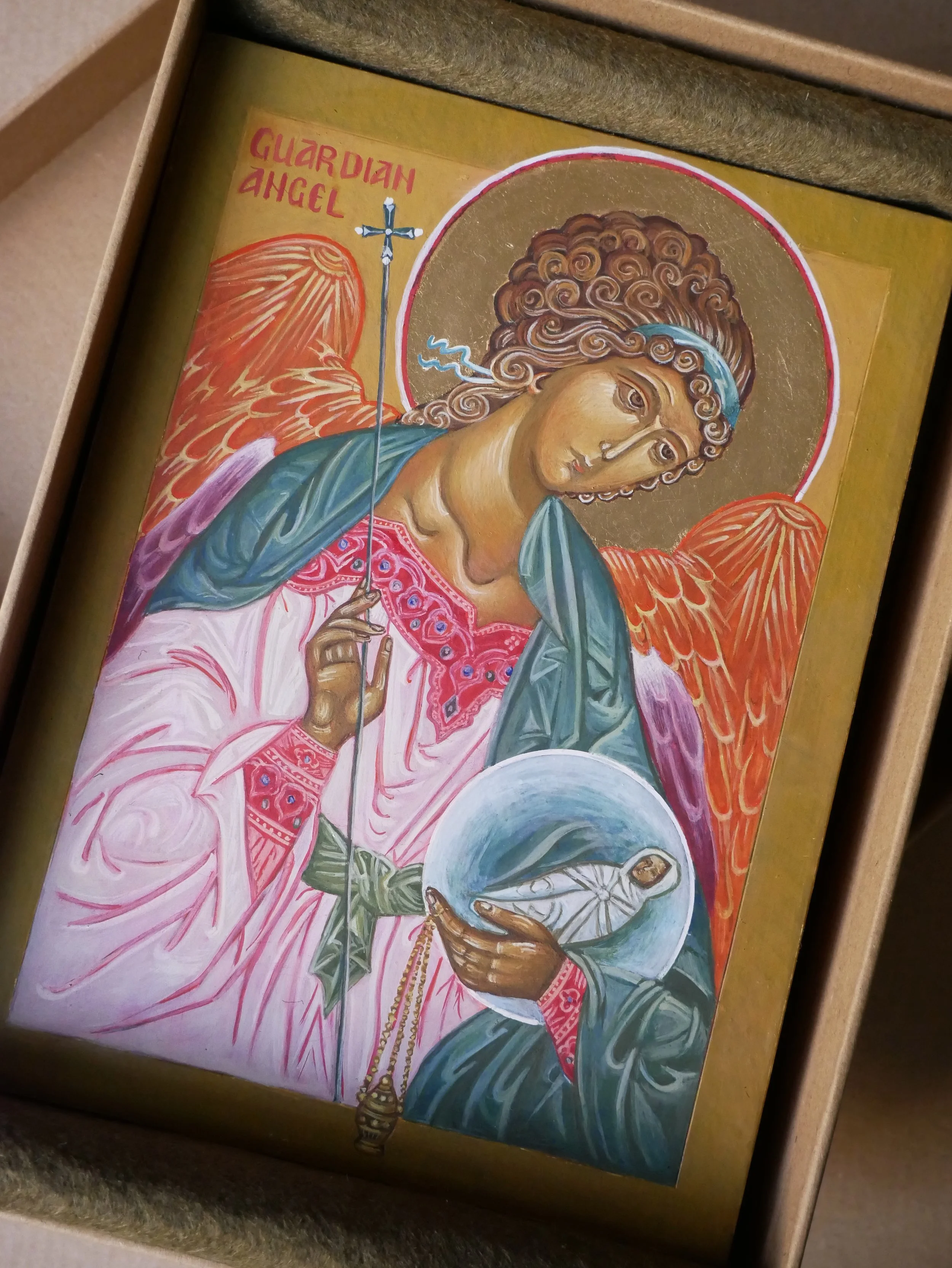 Guardian Angel, egg tempera on wood panel, 20 × 15 cm (7.9 × 5.9 in)