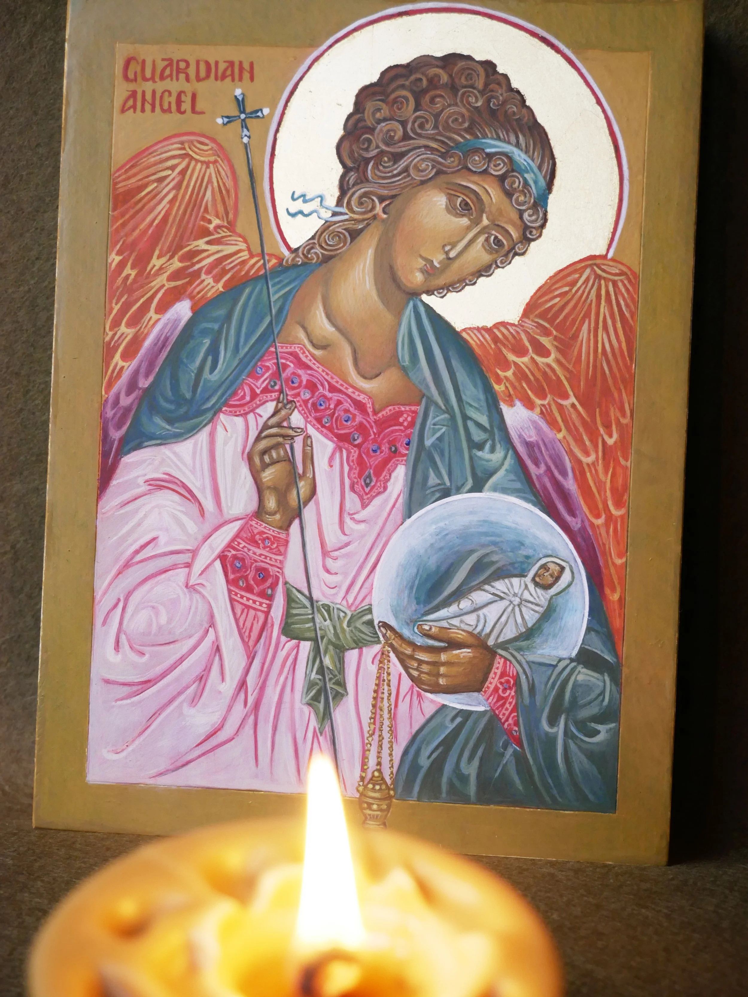 Guardian Angel, egg tempera on wood panel, 20 × 15 cm (7.9 × 5.9 in)