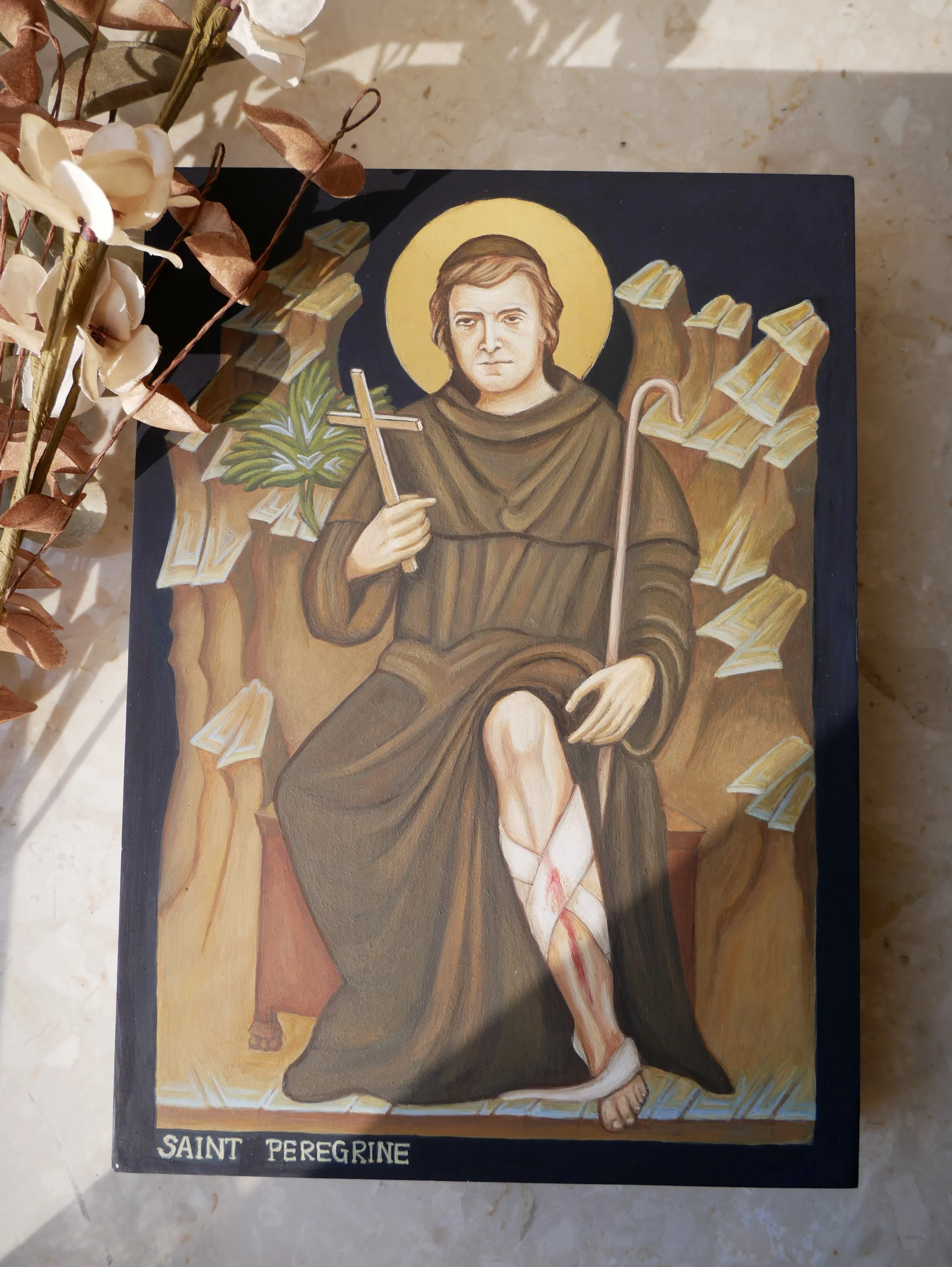 Saint Peregrine, egg tempera on wood panel  20 x 17 cm (6,7x8inch) 