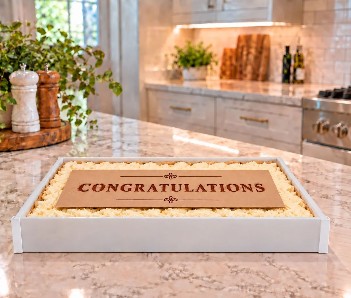 Congratulations cocoa lettering on tiramisu in an opal acrylic tray