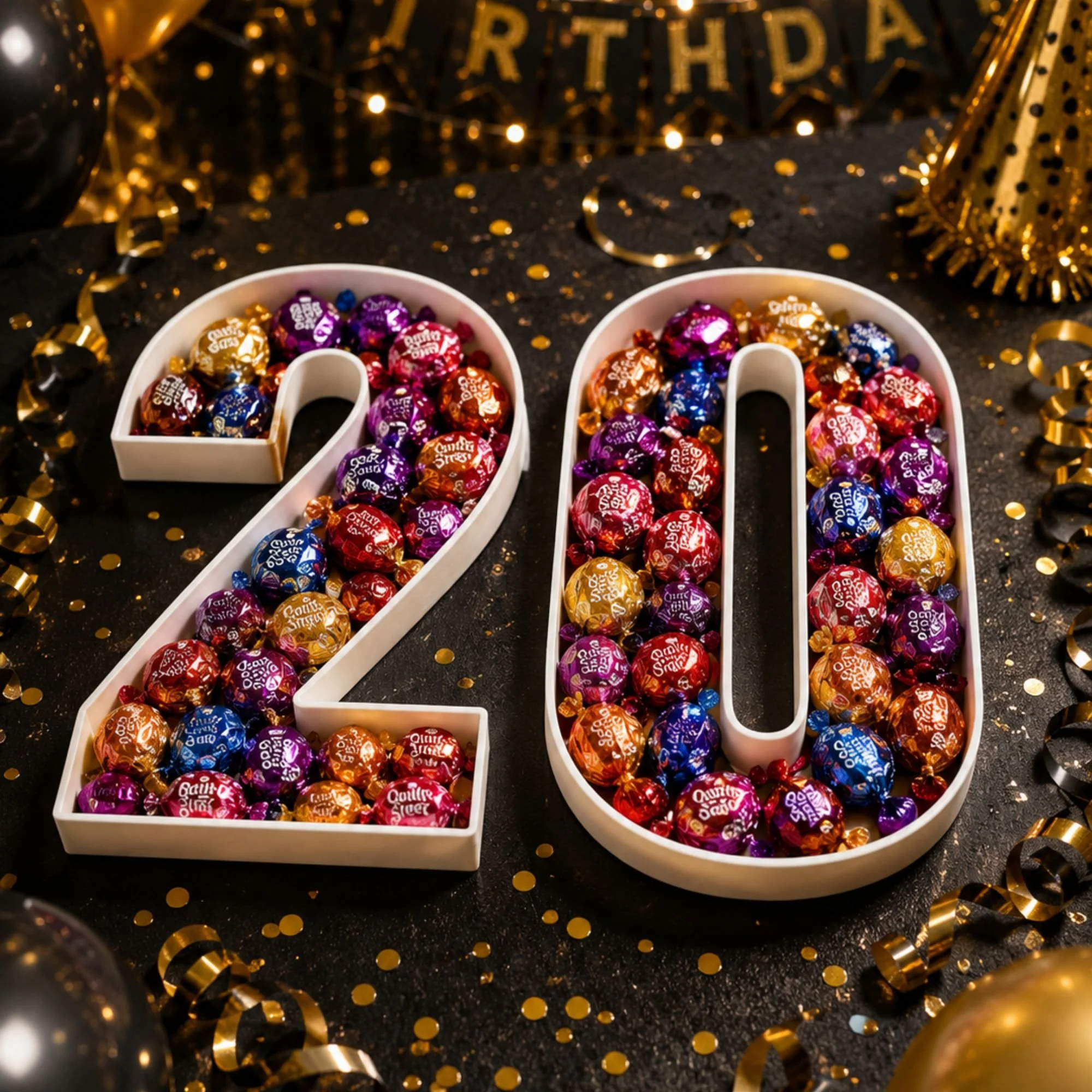 Number 20 centerpiece with colorful decorations, green, blue, red and yellow
