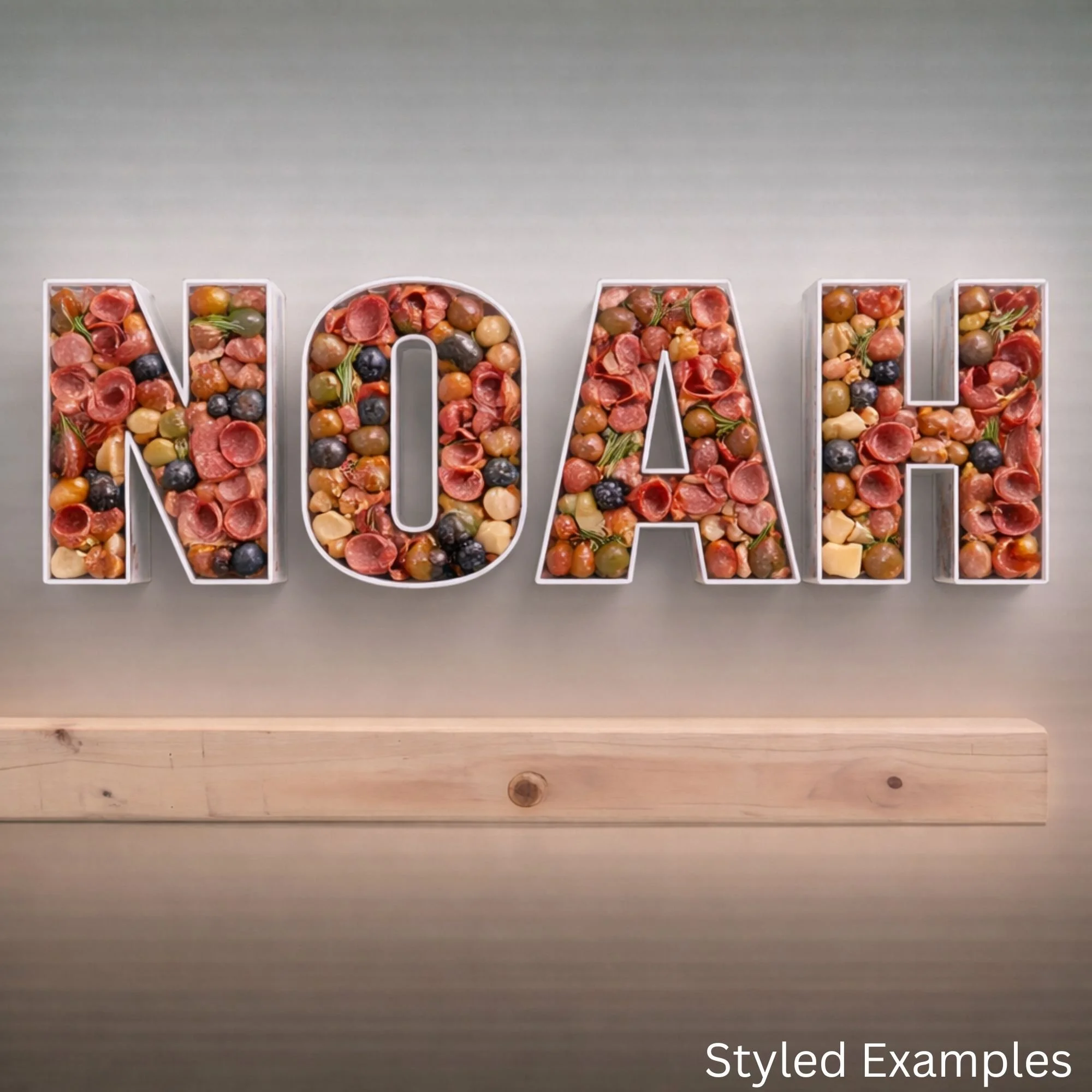 fillable letter trays spelling Noah filled with charcuterie grazing food