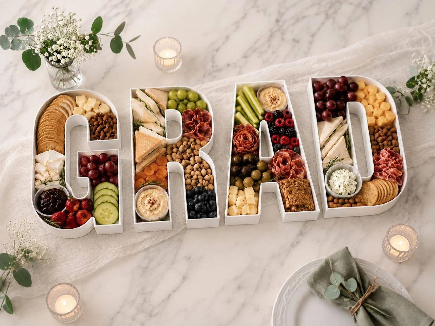 Letter-shaped trays filled with assorted snacks like cheese, fruit, crackers, olives, and nuts on a marble table, decorated with candles and flowers.