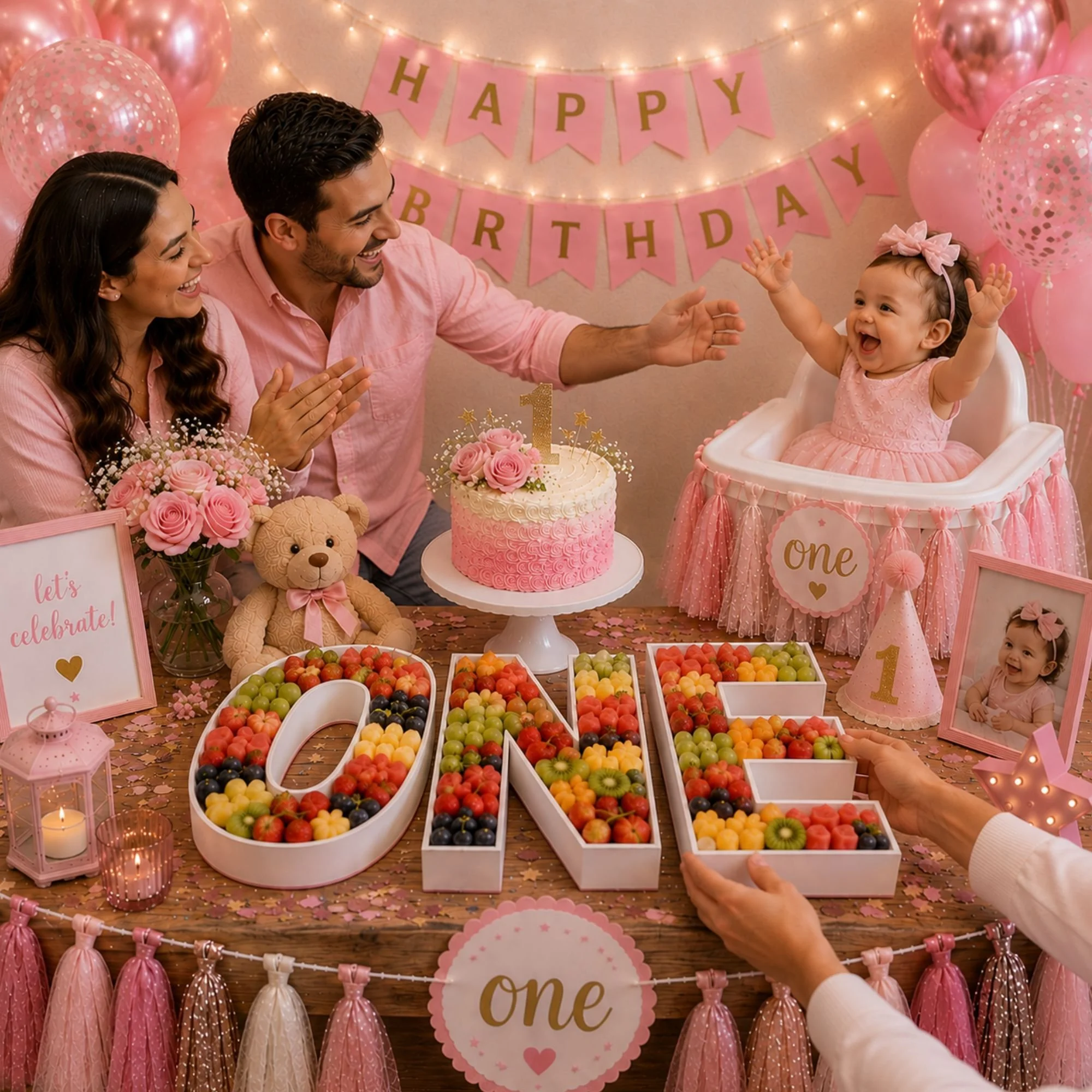 Pink first birthday party featuring fillable ONE letters filled with fresh fruit, birthday cake, balloons and family celebrating a baby girl's first birthday..jpg