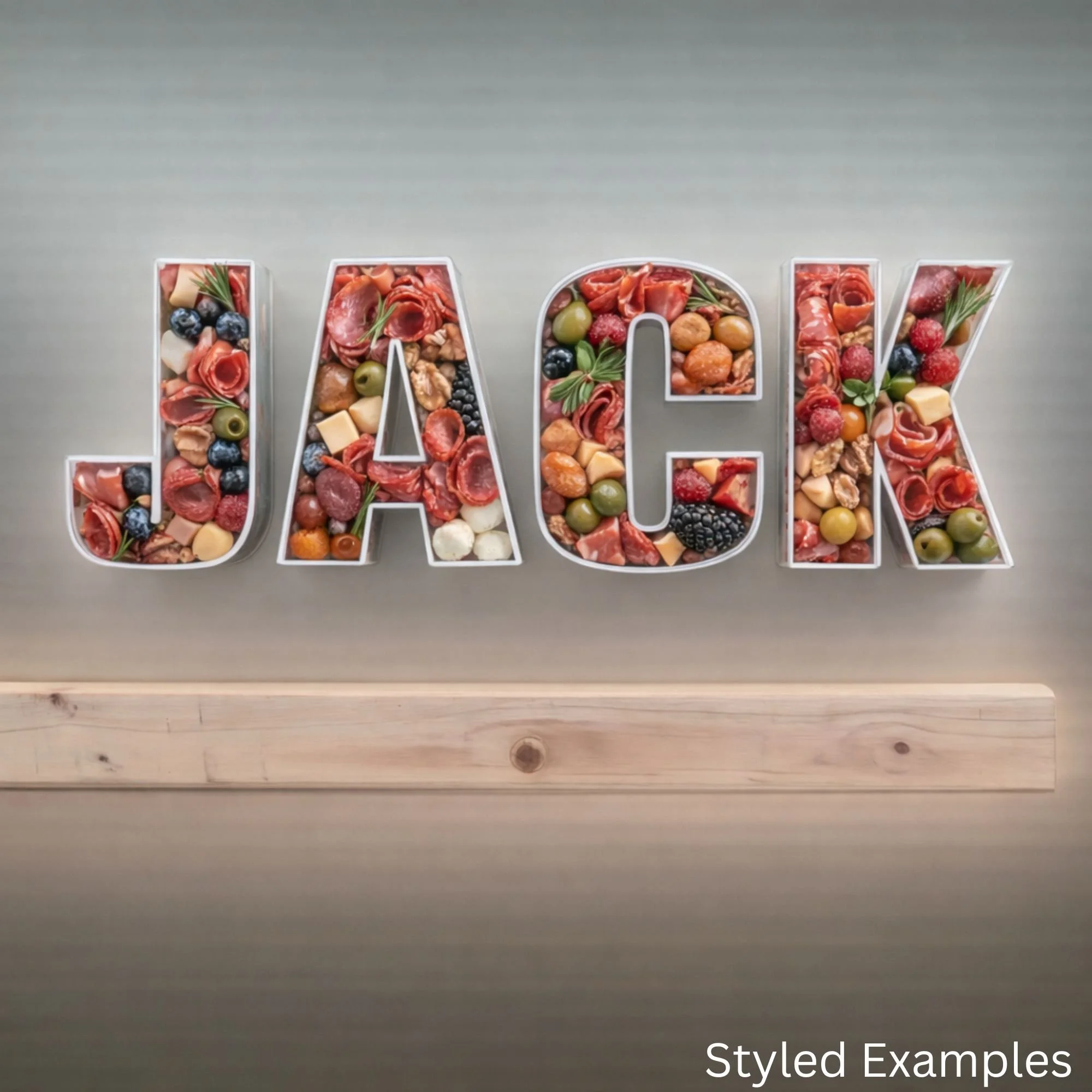 fillable letter trays spelling Jack filled with charcuterie food display