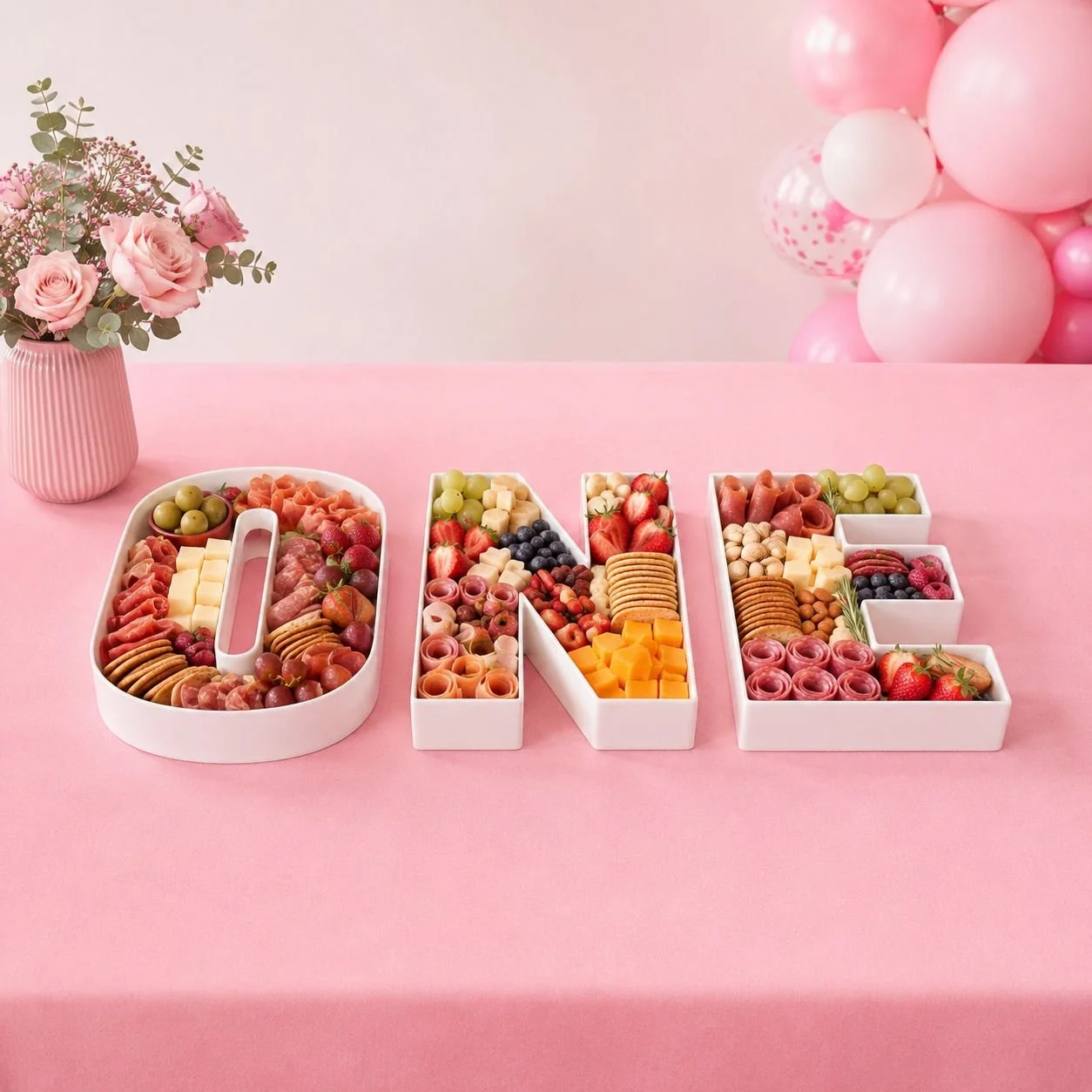 Pink table with decorative pink flowers in a striped pink vase and pink balloons in the background. The word "ONE" spelled out with white containers filled with various fruits, cheese, crackers, and meats.