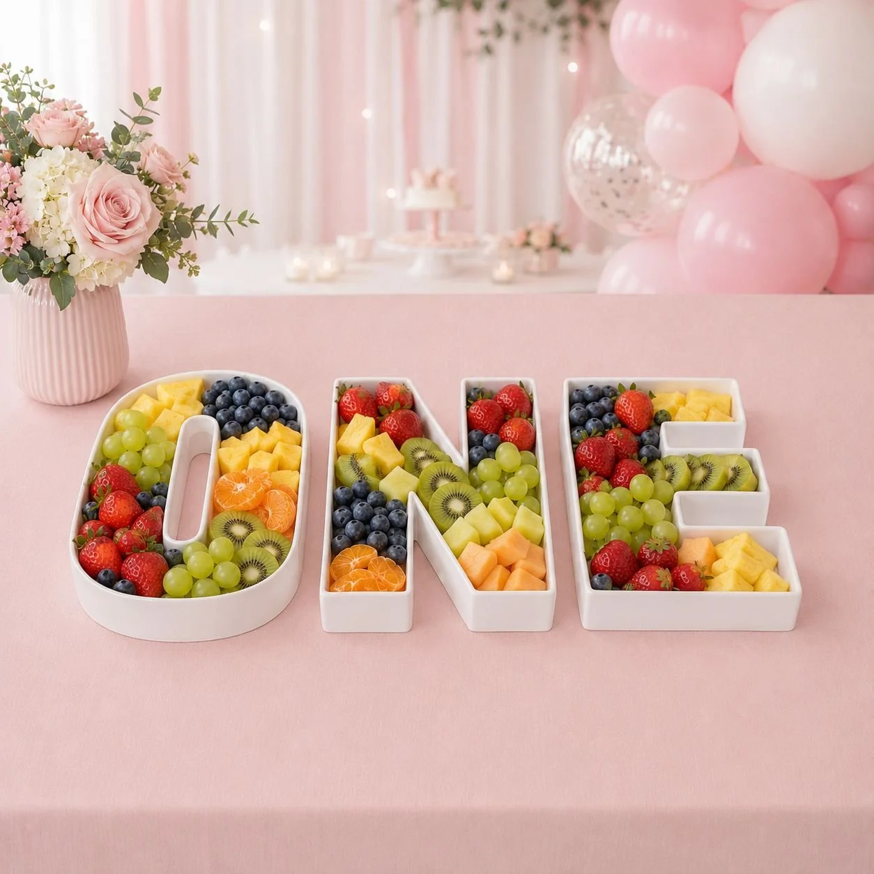 The word set "ONE" spelled out with white containers filled with assorted fresh fruit on a pink table with a pink floral arrangement in a vase to the left, and pink balloons and a blurred tiered cake in the background.
