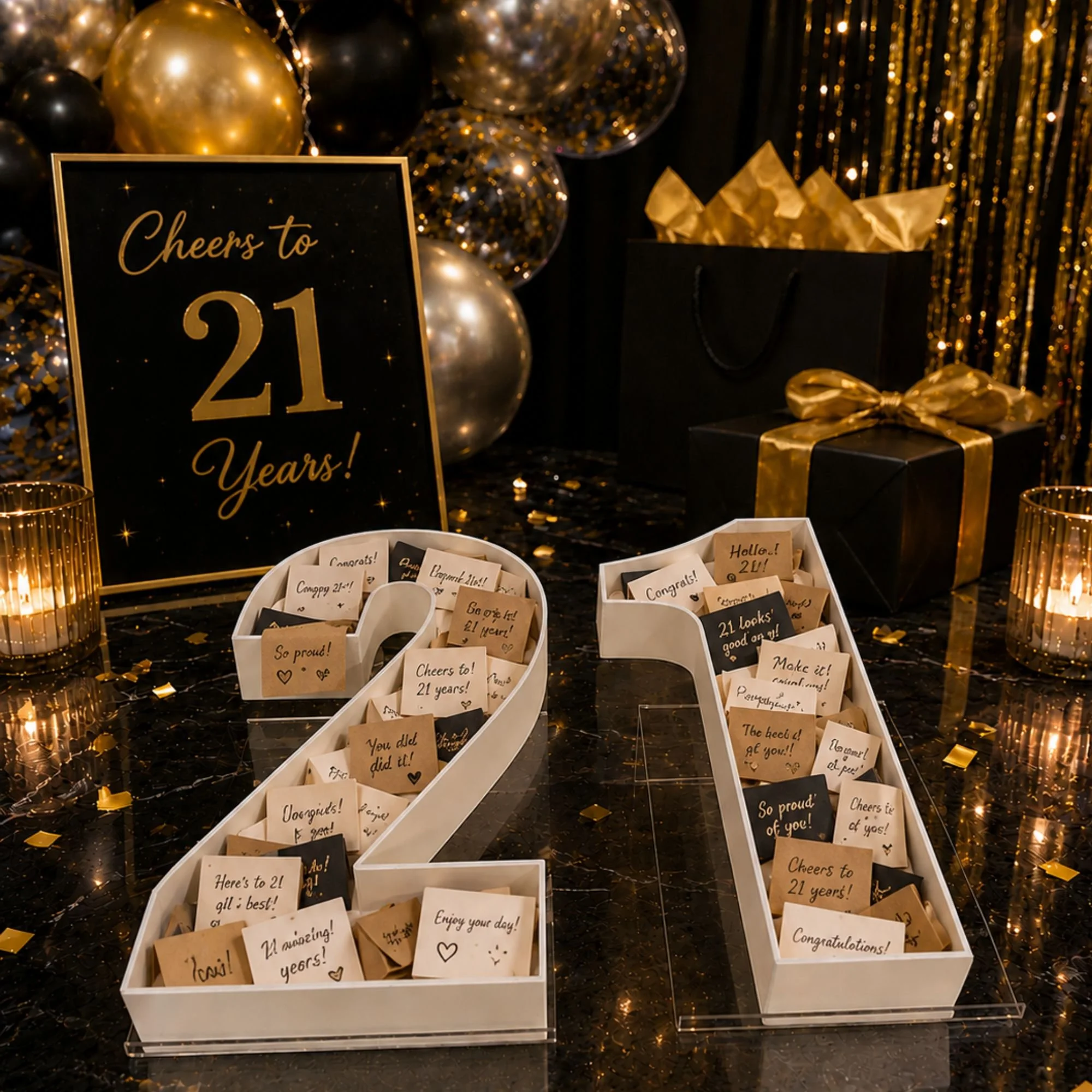 21st Birthday Display numbers with white, black and gold notes inside them, sits on a black table with gold streamers and black containers
