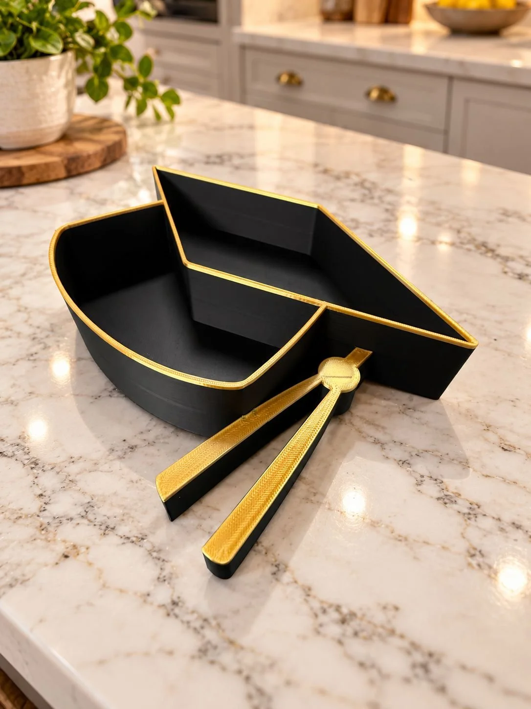 Angled view of a black graduation hat shaped tray with gold edging, divided sections and tassel detail