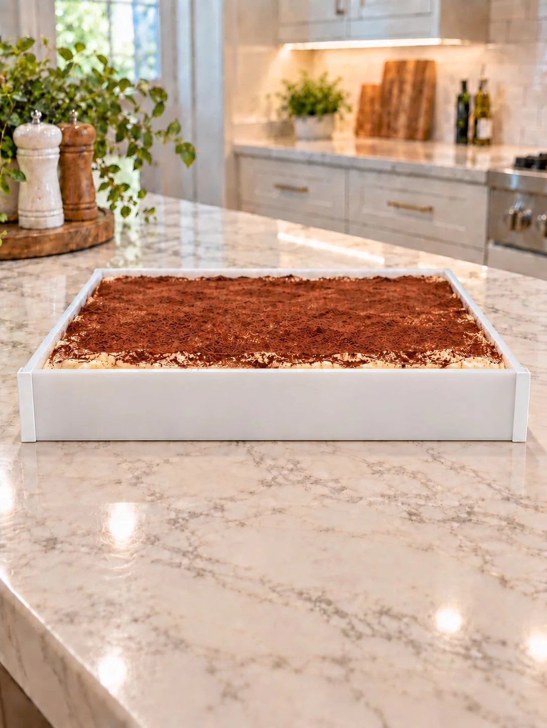 Large opal acrylic tiramisu tray filled with cocoa-topped dessert