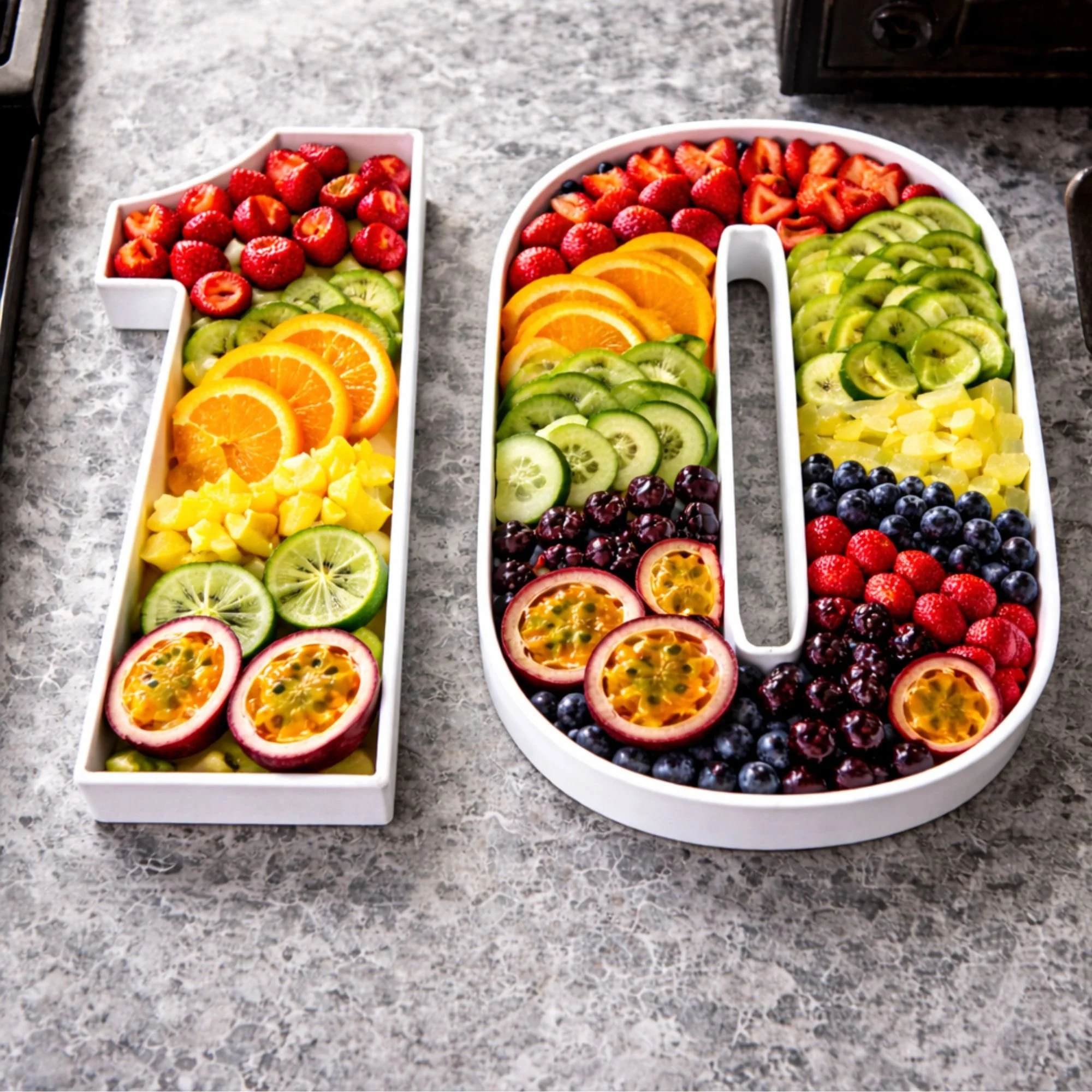 Dessert trays filled with various sliced and whole fruits, including strawberries, oranges, kiwi, blueberries, and passion fruit, arranged on a gray marble countertop.