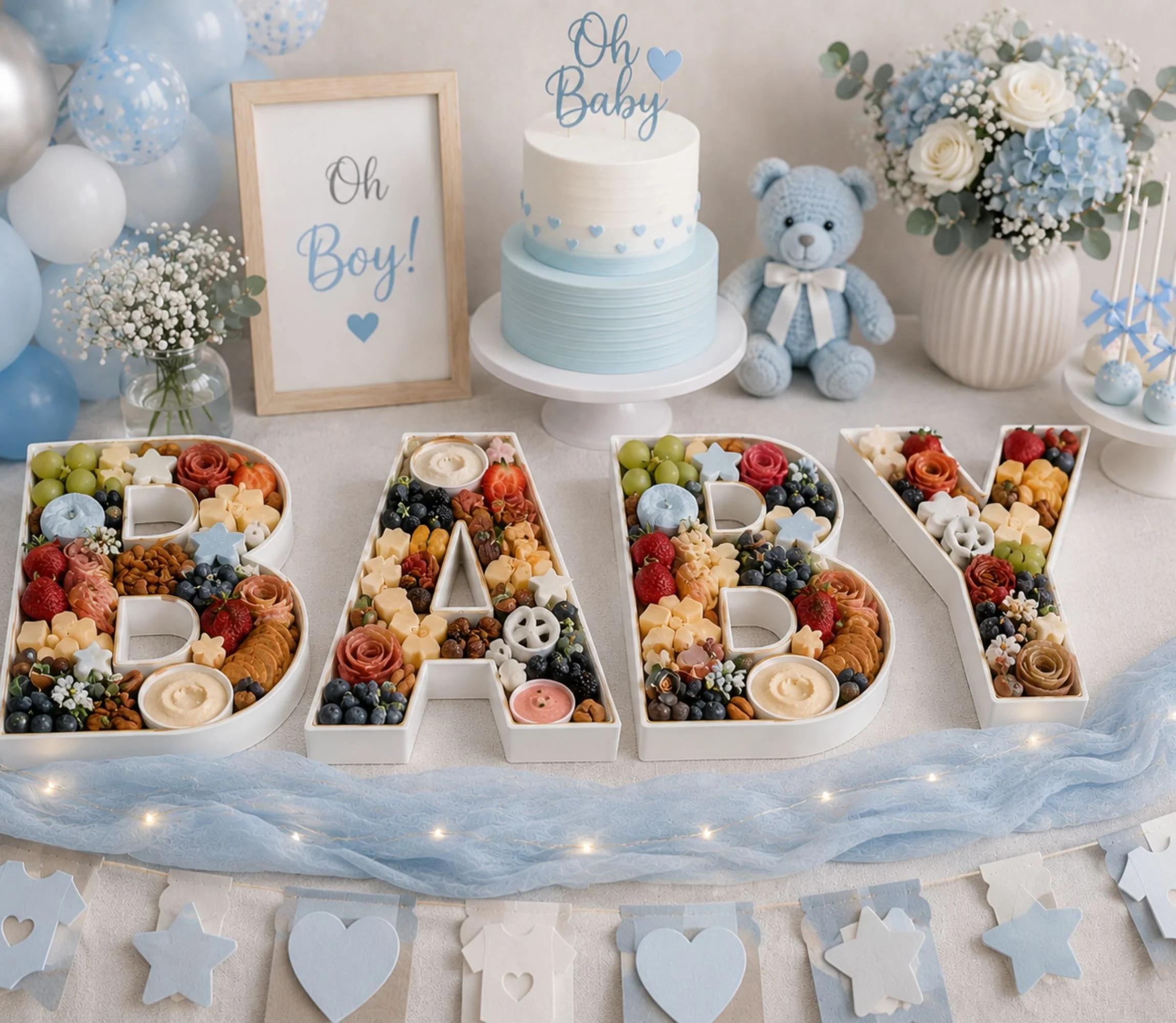 white baby letters full of meat cheeses and biscuits