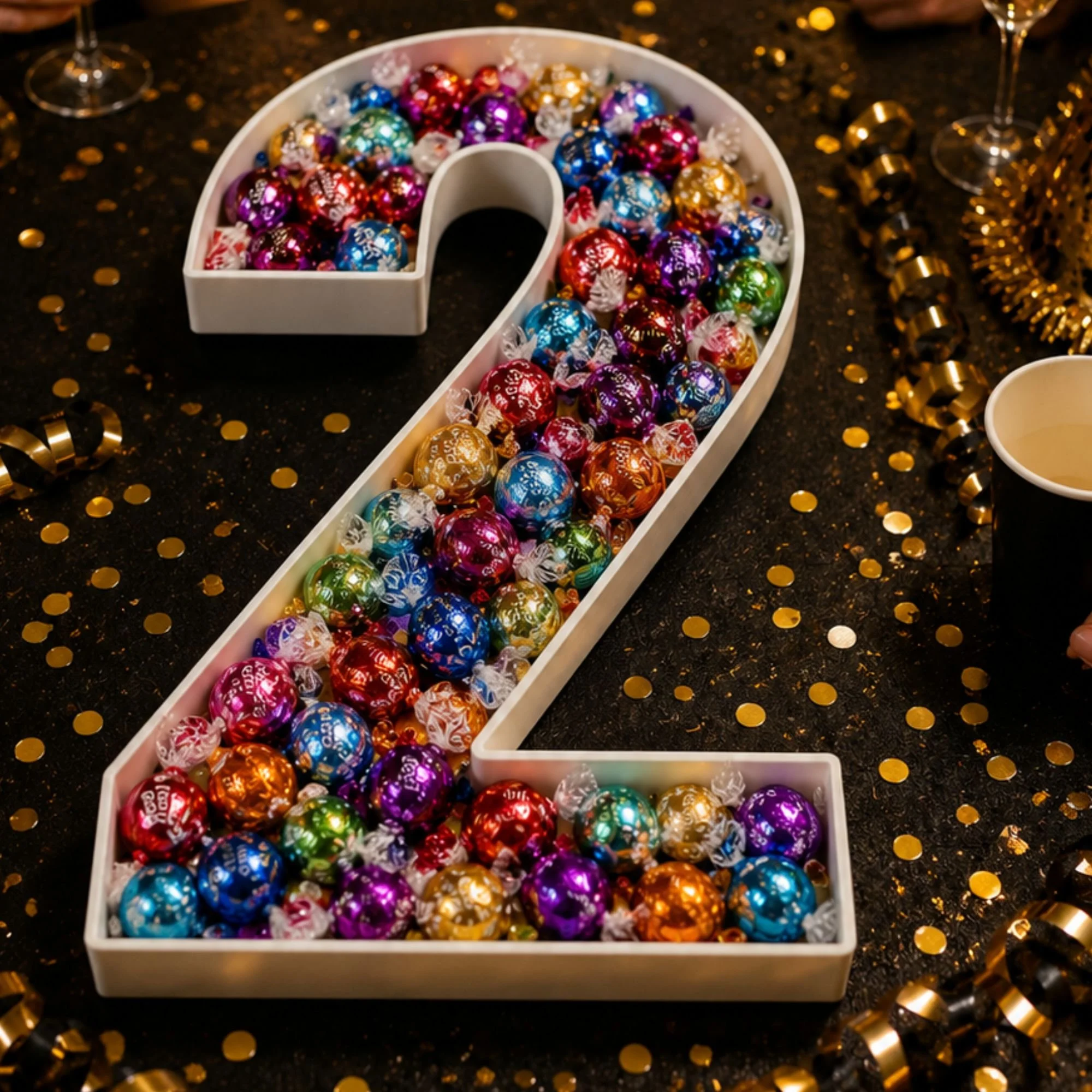 Number box two decorated with small colorful balls on a black table