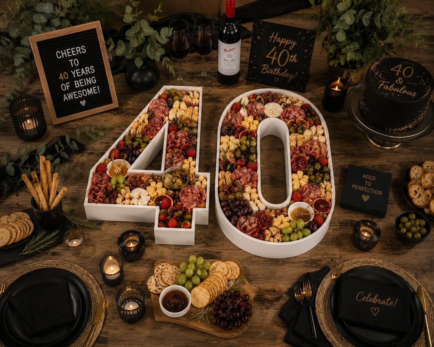 Decorative birthday celebration table with a large number 40 made of filled trays, surrounded by candles, wine, cheese, crackers, and greeting signs celebrating a 40th birthday.