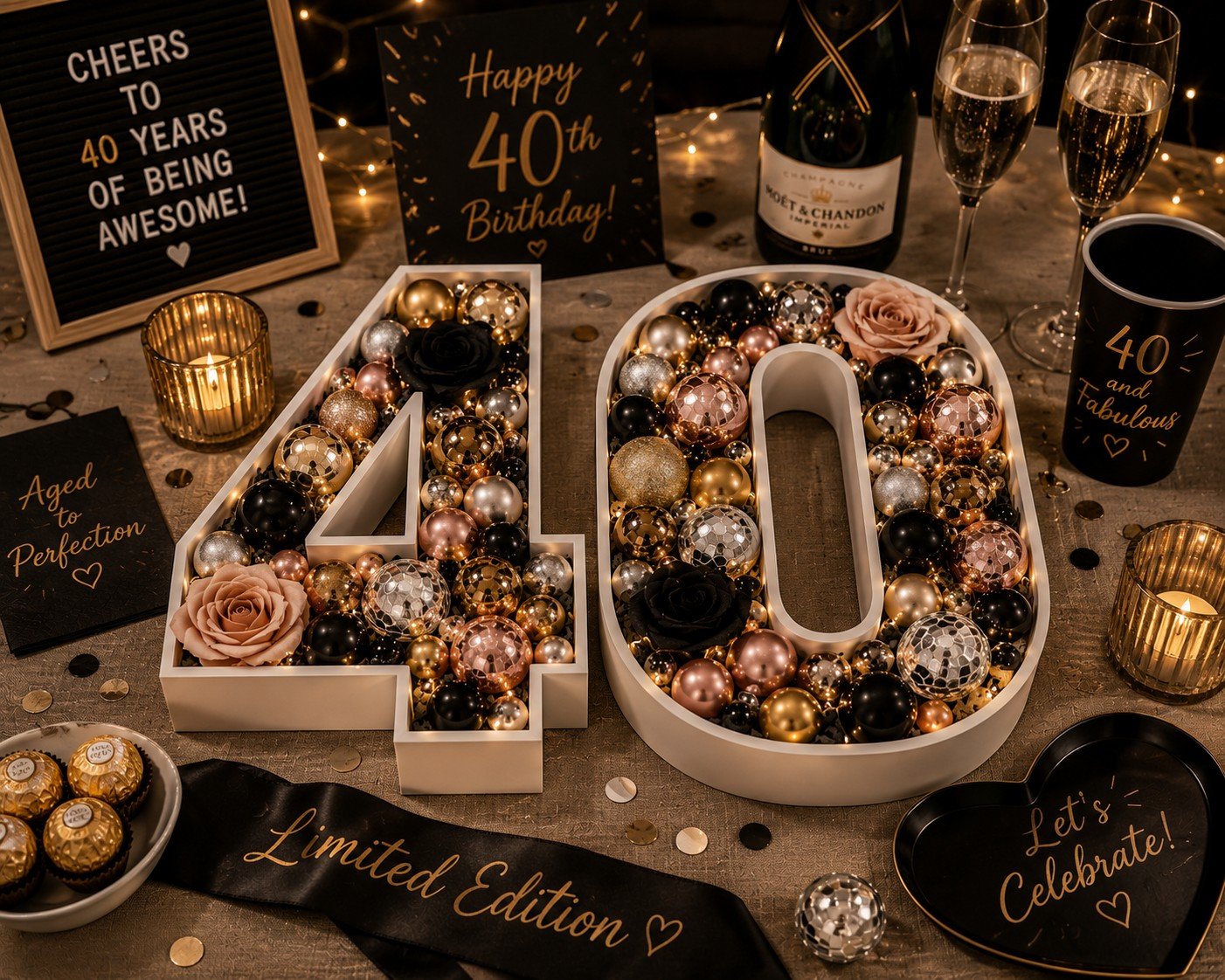 Celebration table with large '40' decorations filled with black, gold, pink, silver, and glittery ornaments, surrounded by candles, champagne glasses, birthday and celebratory signs, chocolates, and floral decorations, celebrating a 40th birthday.