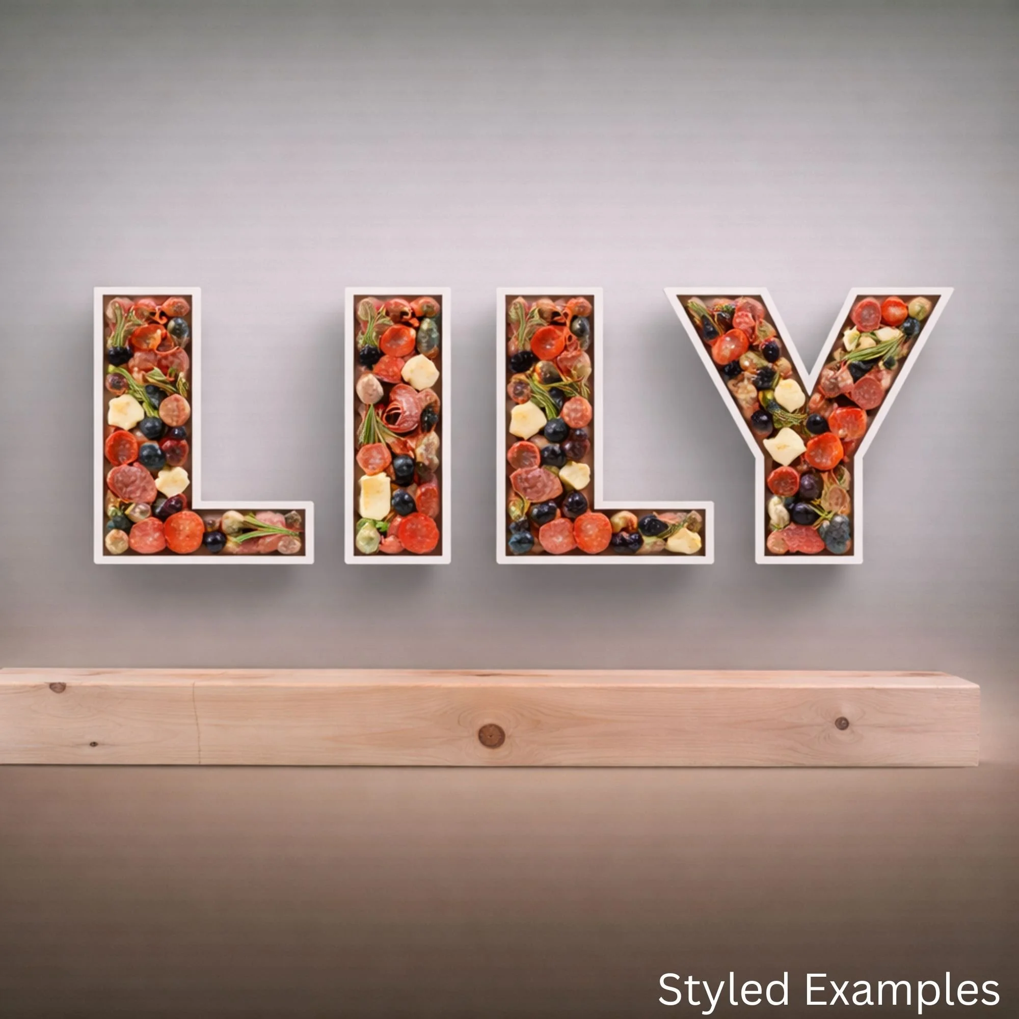 fillable letter trays spelling Lily filled with charcuterie snack items